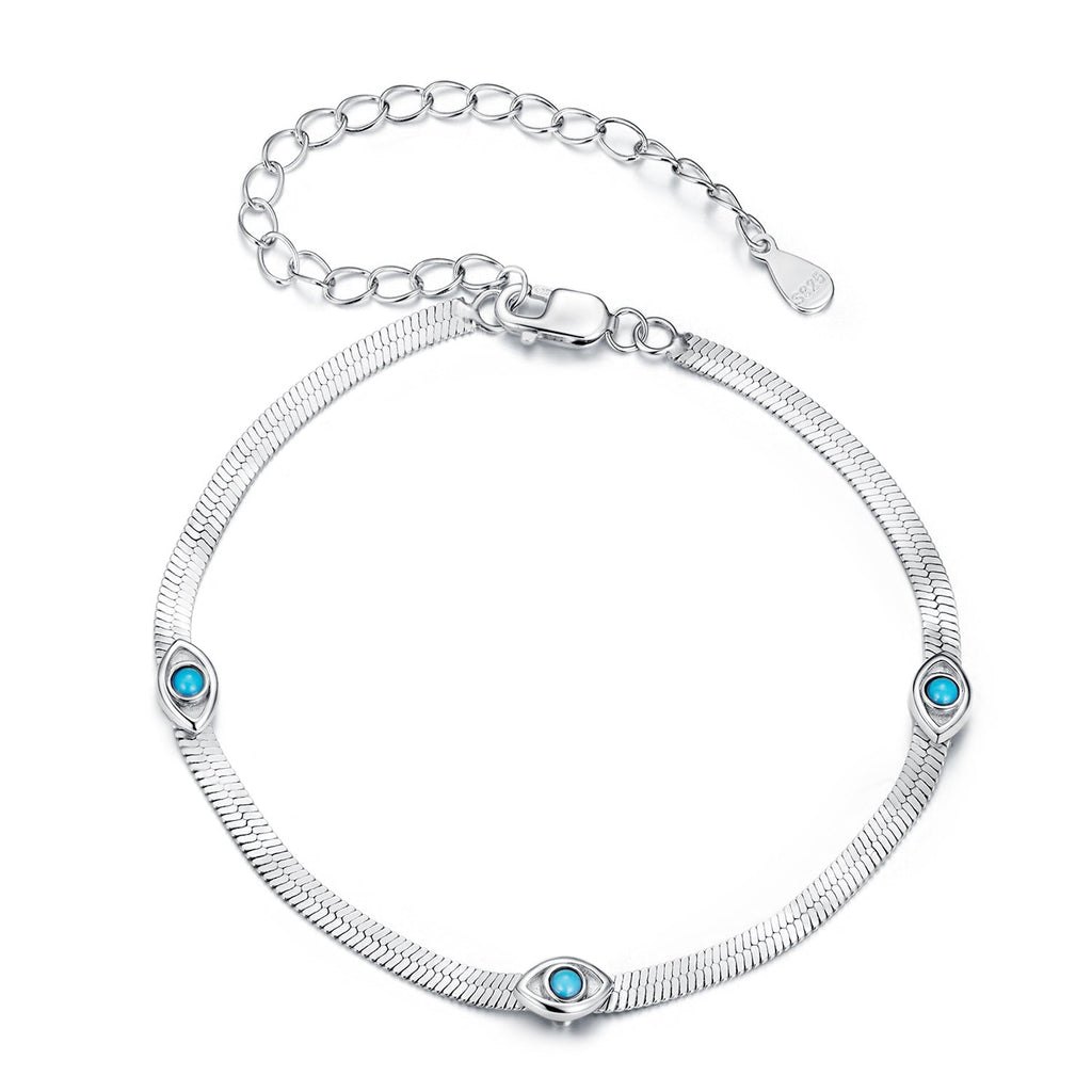 925 Sterling Silver White Gold Plated Multi-Layer Bracelet with Synthetic Turquoise