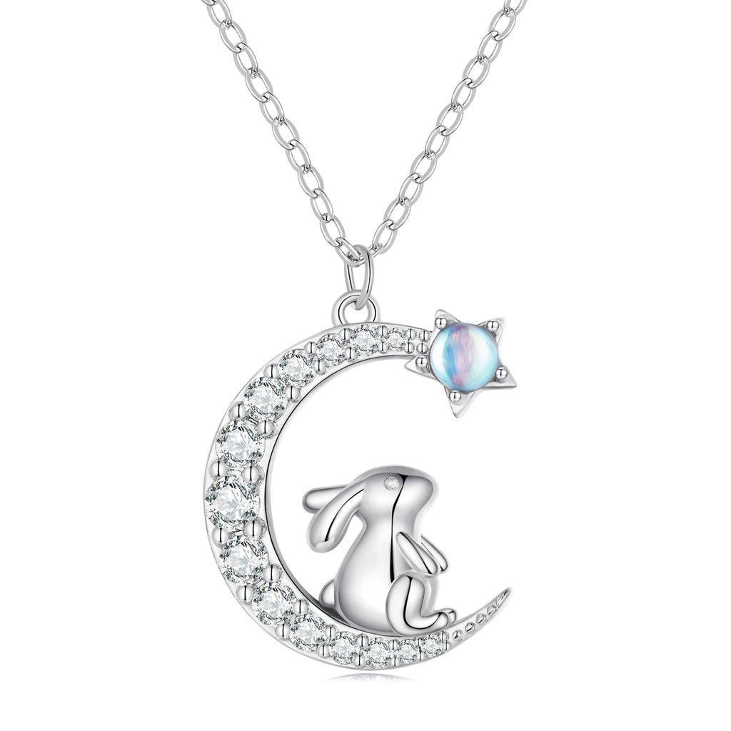 925 Sterling Silver Moonstone Necklace with CZ in Platinum Finish for Women