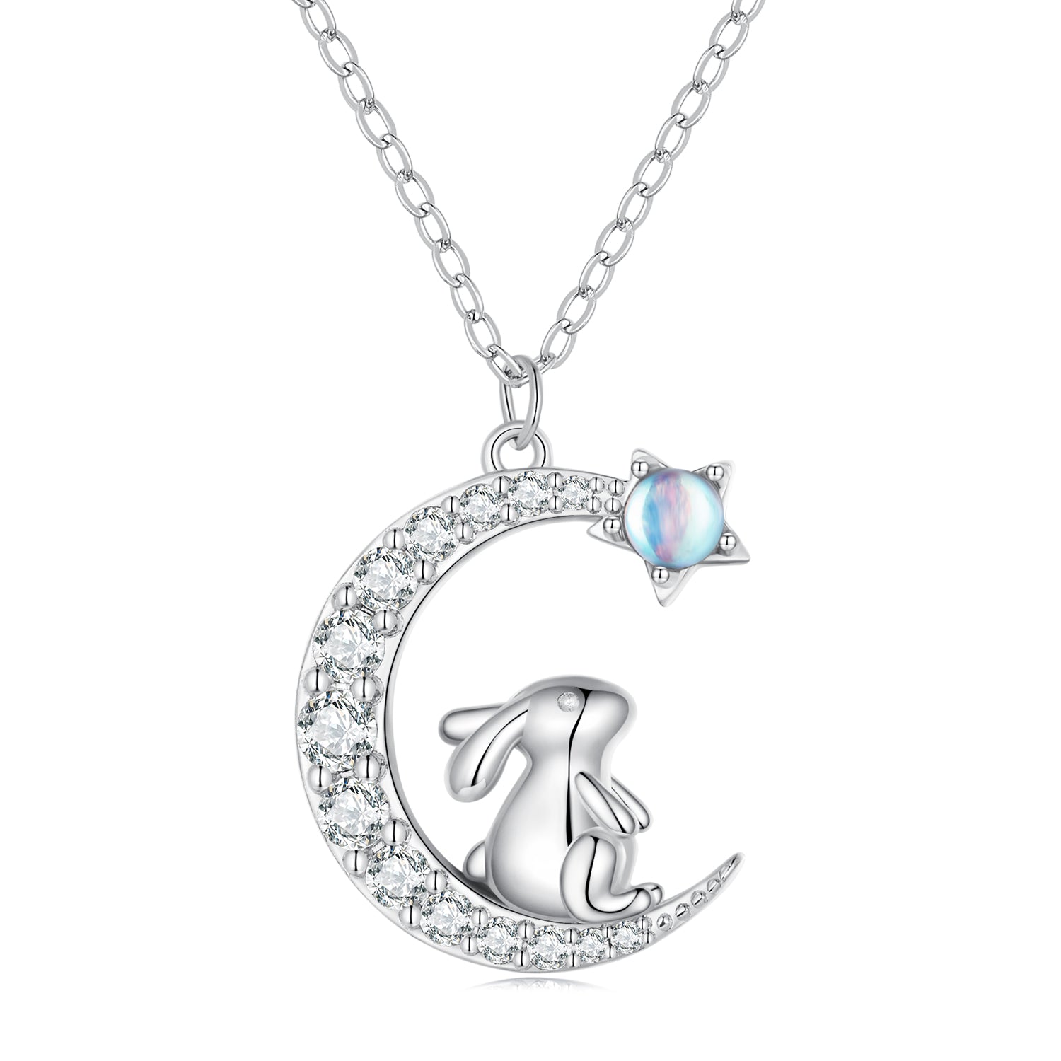 925 Sterling Silver Moonstone Necklace with CZ in Platinum Finish for Women