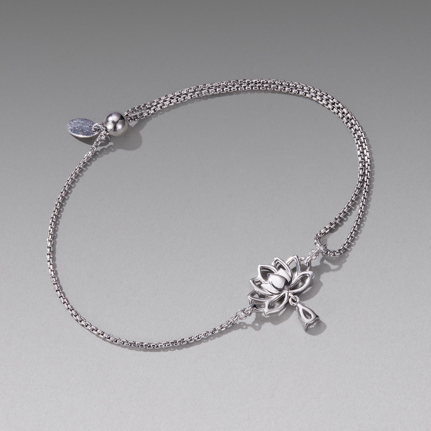 925 Sterling Silver Adjustable Chain Bracelet with White Gold Plating and CZ for Women