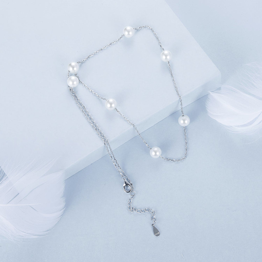 925 Sterling Silver White Gold Plated Necklace with Shell Pearl 400+50mm