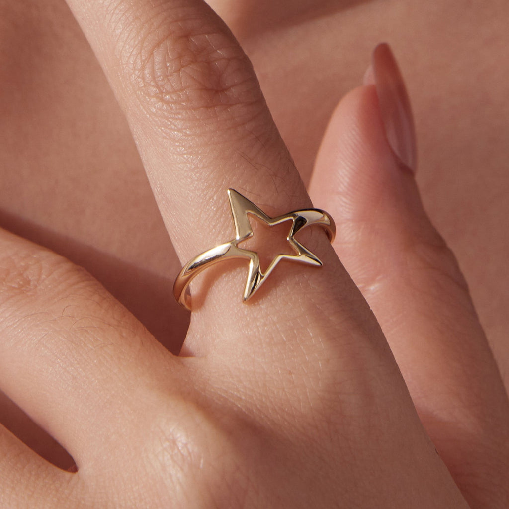 925 Sterling Silver Plated Gold 1.40cm Star Ring