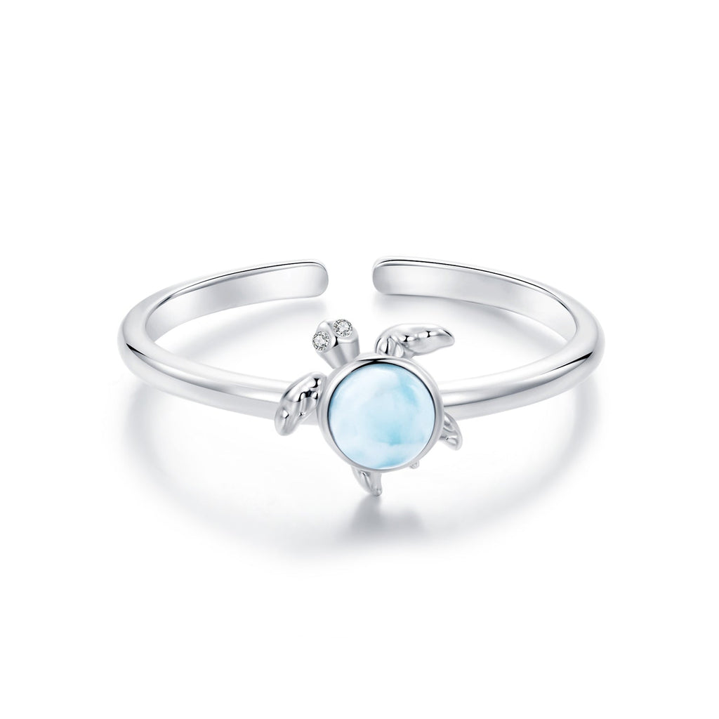925 Sterling Silver + Plated White Gold Larimar Ring - Style E - 1.6mm Width