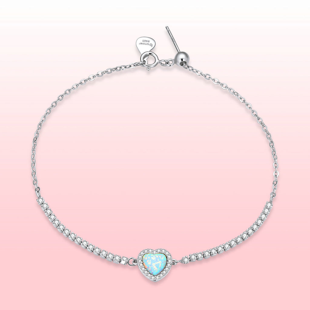 925 Sterling Silver Adjustable Bracelet with Translucent Opal and CZ for Women