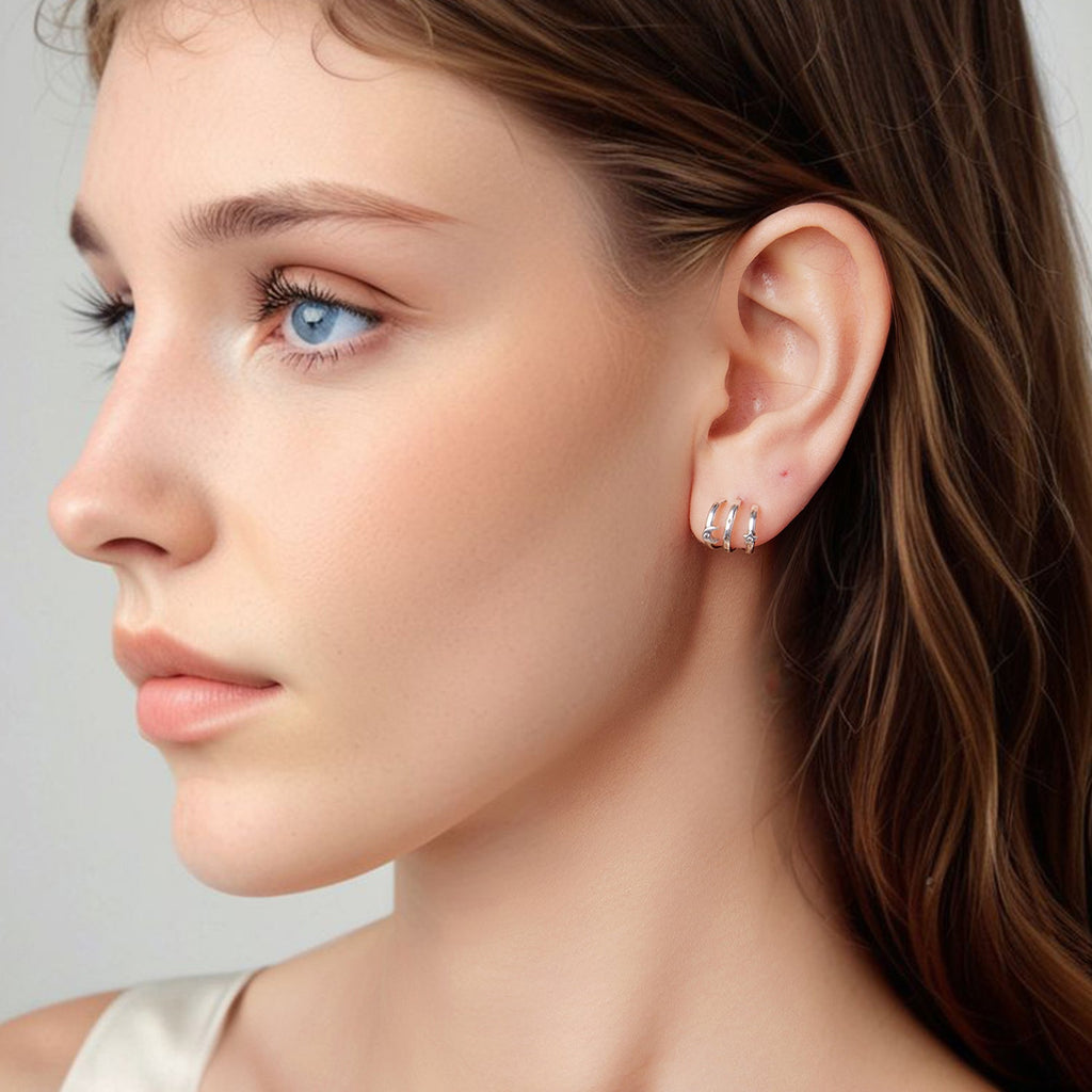 925 Sterling Silver Earrings with Pavé Setting CZ - Oxidized Silver, 1.1cm for Women