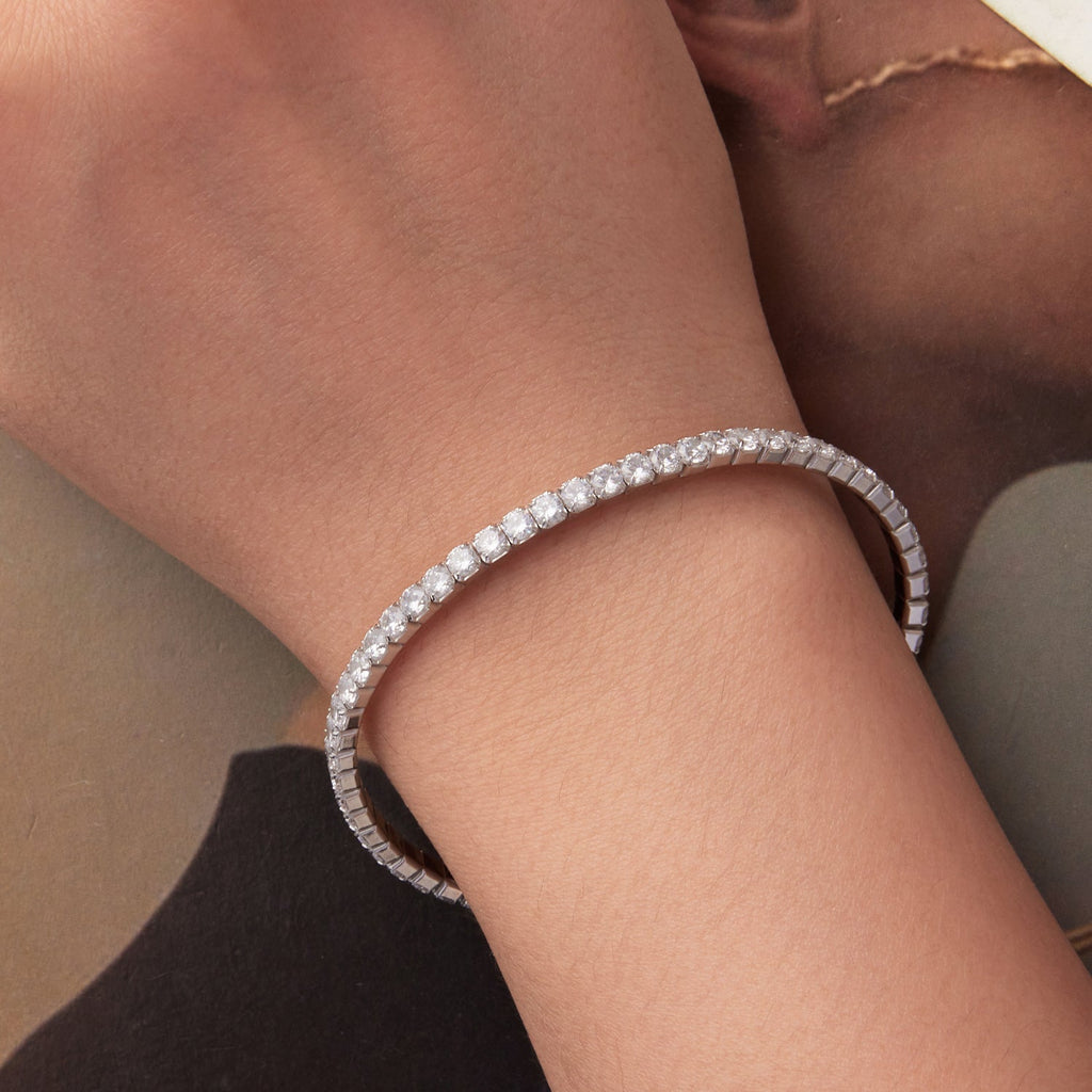 925 Sterling Silver White Gold Plated 16cm Stretchable CZ Bracelet for Women