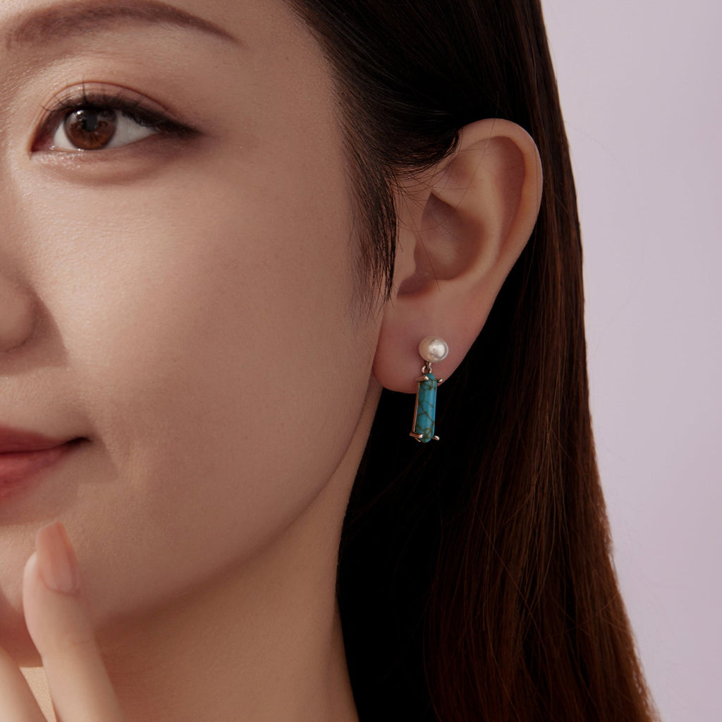 925 Sterling Silver Earrings with Synthetic Turquoise and Pearl, 2.4*0.6cm for Women