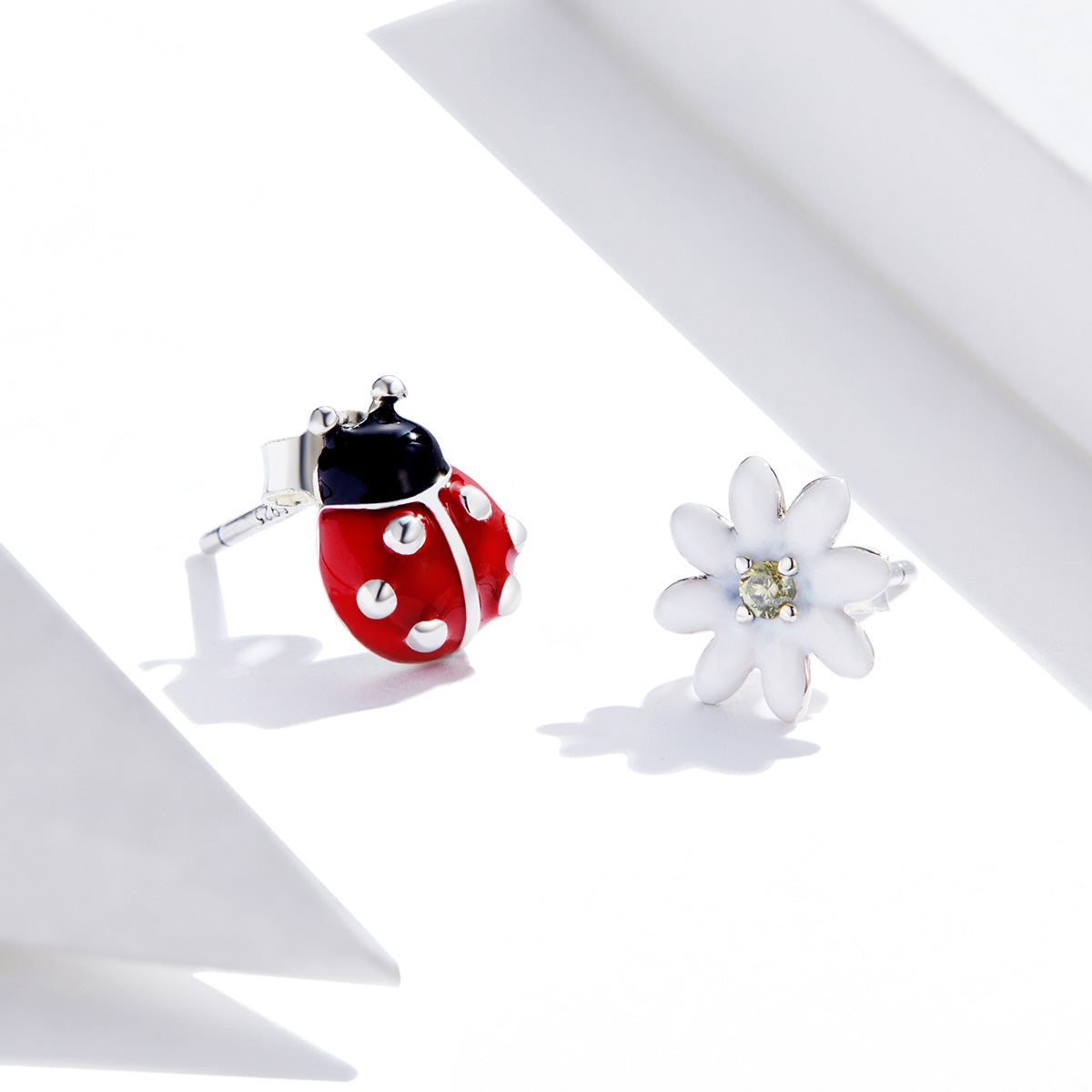 925 Sterling Silver Earrings with Enamel - Bug 1.0 x 0.8 cm, Flower 0.9 x 0.9 cm - Women
