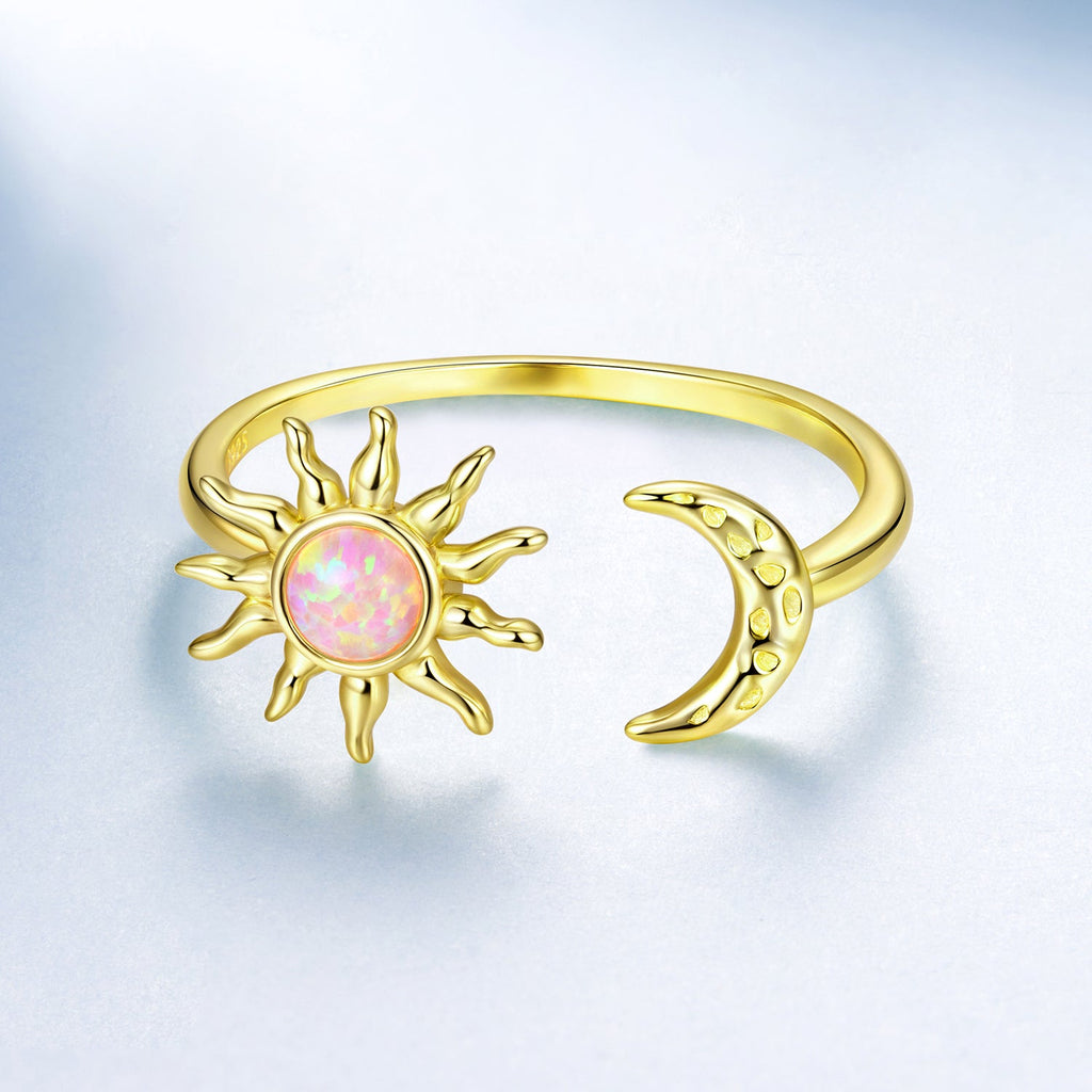 925 Sterling Silver Gold Plated Ring with Synthetic Opal Sun & Moon for Women