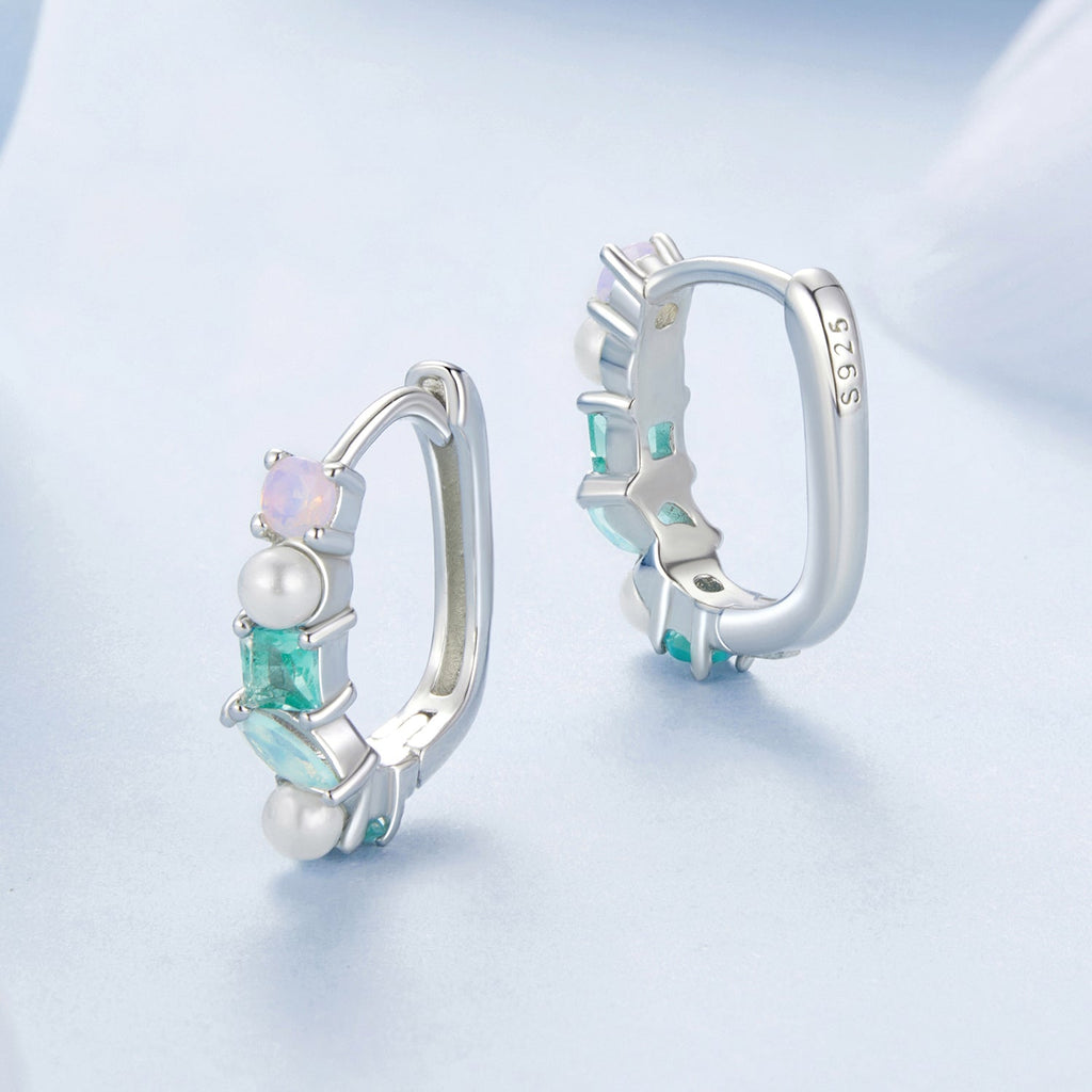 925 Sterling Silver Earrings with Nano Opal, Shell Pearl and Glass, 1.4cm for Women