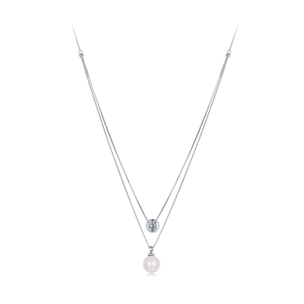 925 Sterling Silver Moissanite & Quality Shell Pearl Necklace for Women - 40+5cm, White Gold Plated