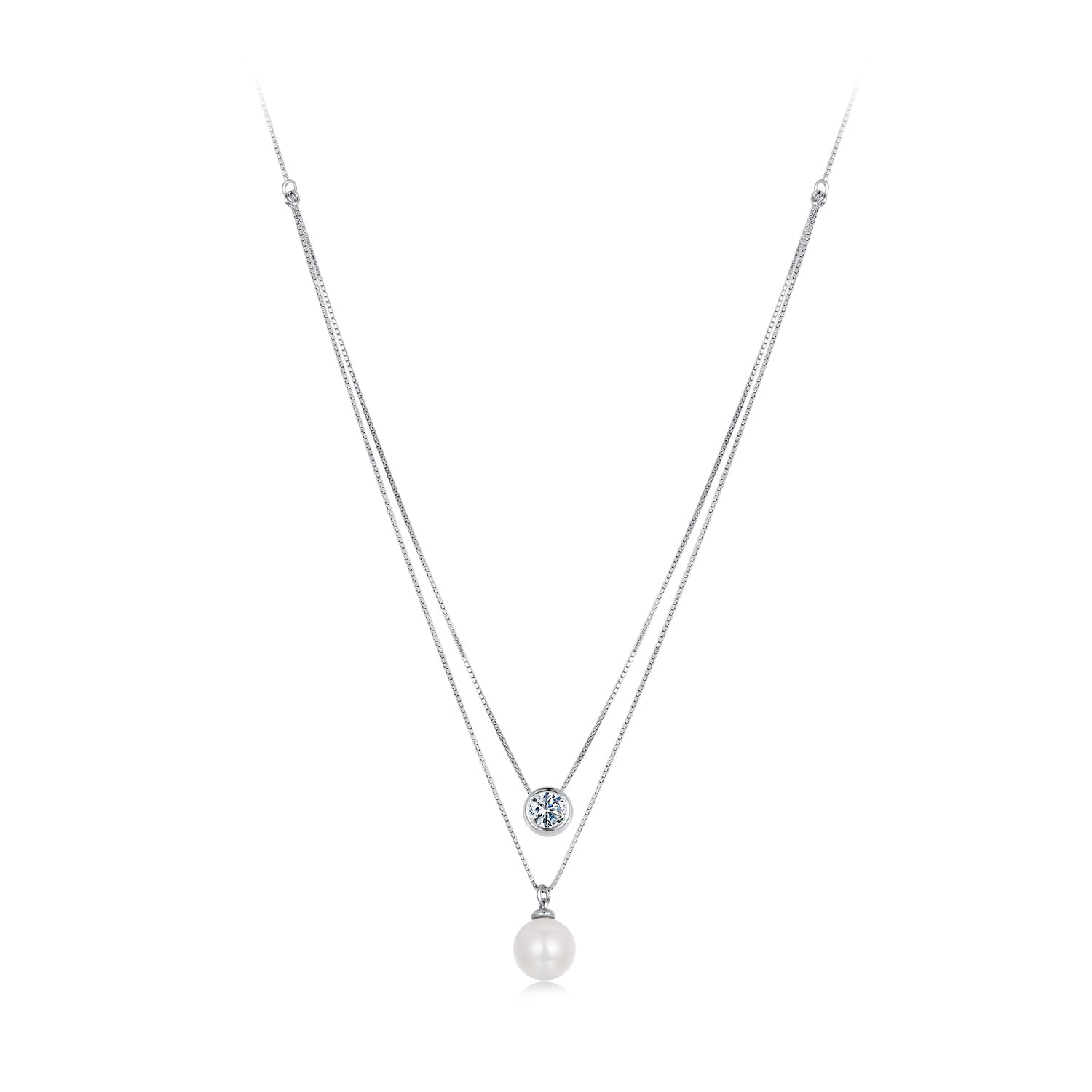 925 Sterling Silver Moissanite & Quality Shell Pearl Necklace for Women - 40+5cm, White Gold Plated