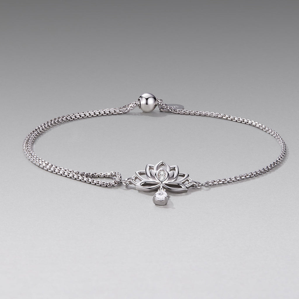 925 Sterling Silver Adjustable Chain Bracelet with White Gold Plating and CZ for Women