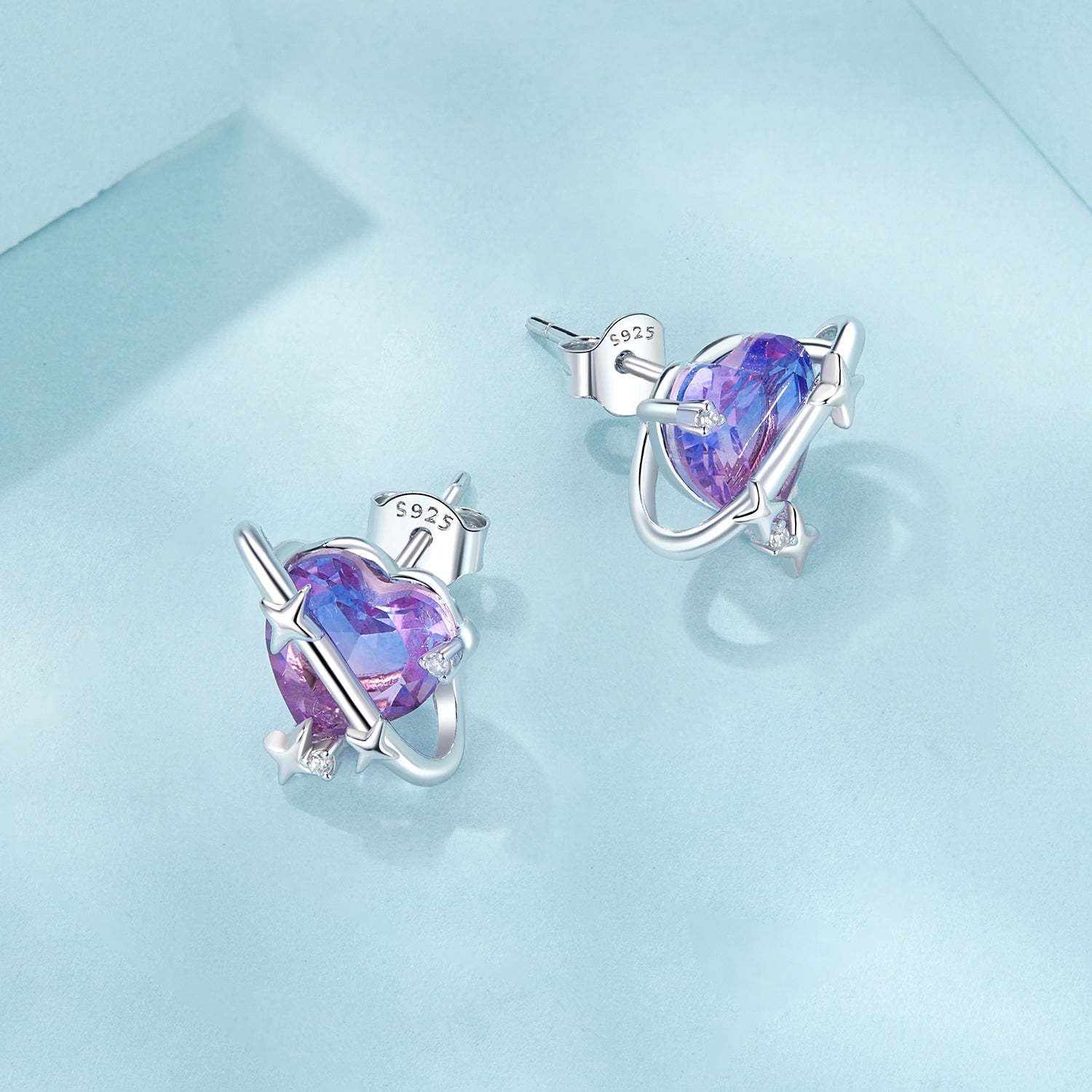 925 Sterling Silver Earrings with CZ and Transparent Glass in White Gold Plating for Women
