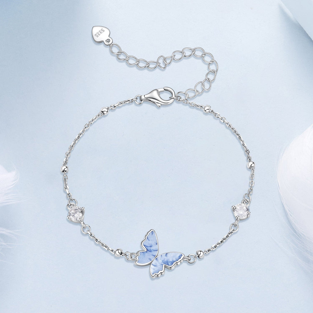 925 Sterling Silver White Gold Plated Bracelet with Enamel and CZ - 15+6cm Length
