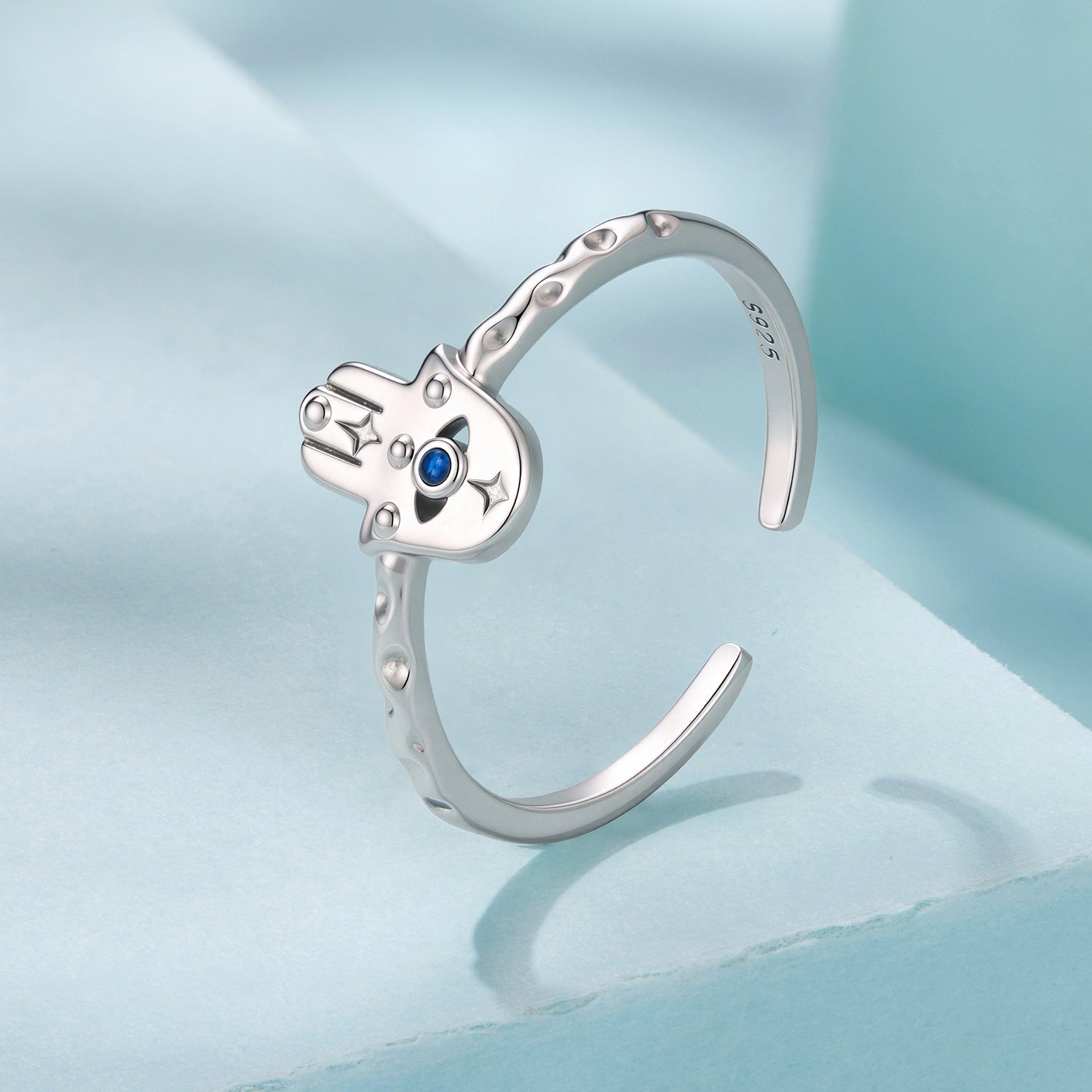 925 Sterling Silver Hamsa Hand Ring with Synthetic Spinel for Women