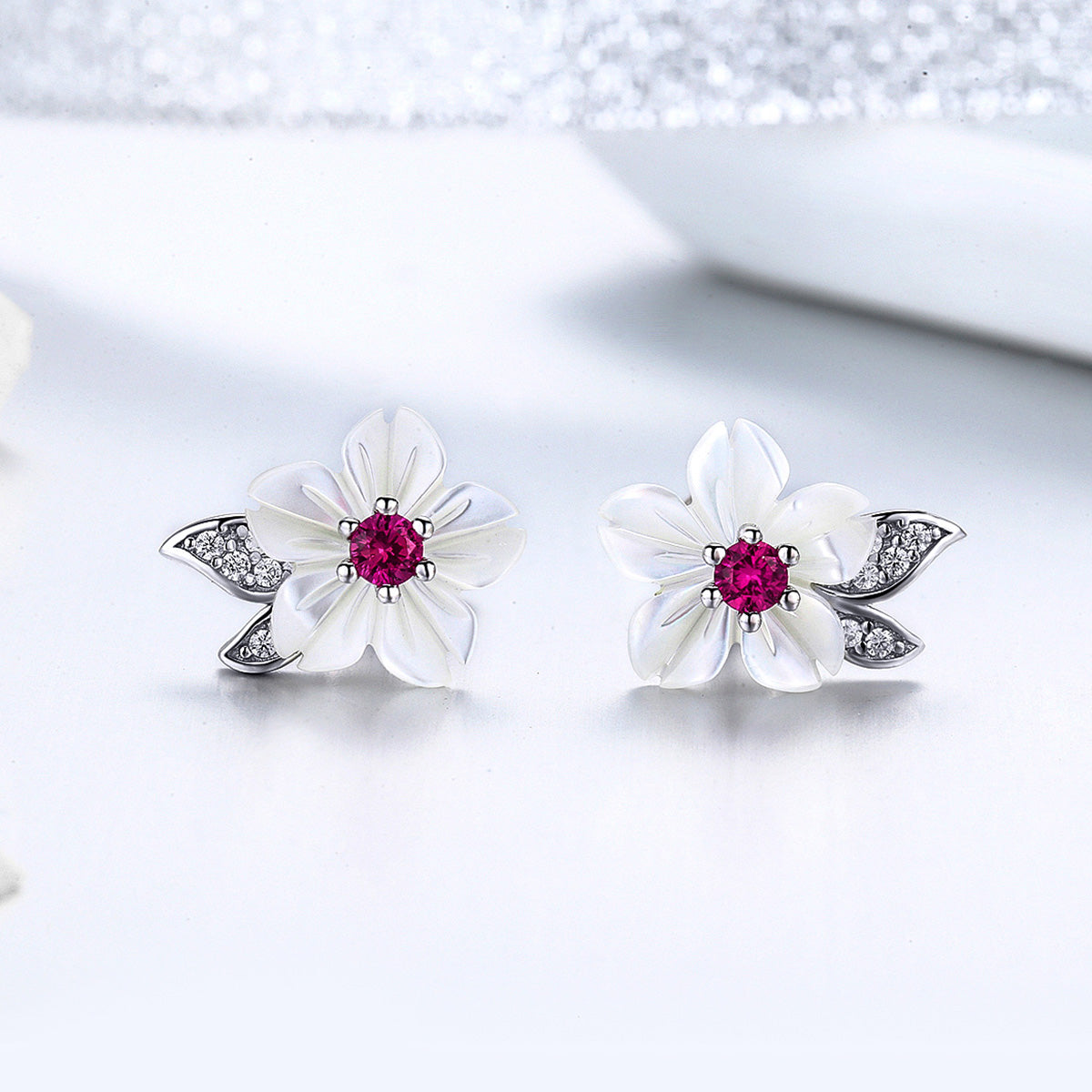 925 Sterling Silver Earrings with Pavé Setting CZ and High-Quality Nacre