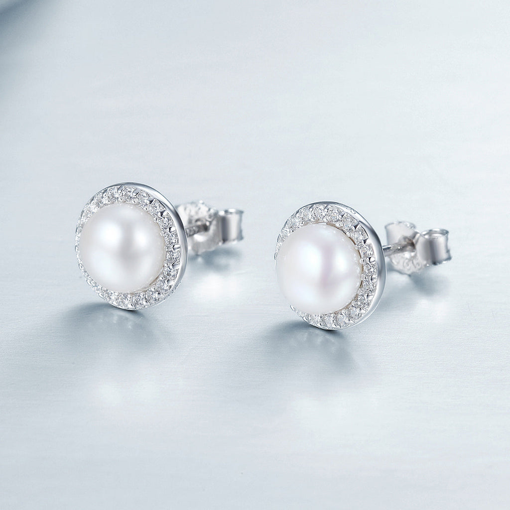 925 Sterling Silver Freshwater Pearl Earrings with CZ for Women
