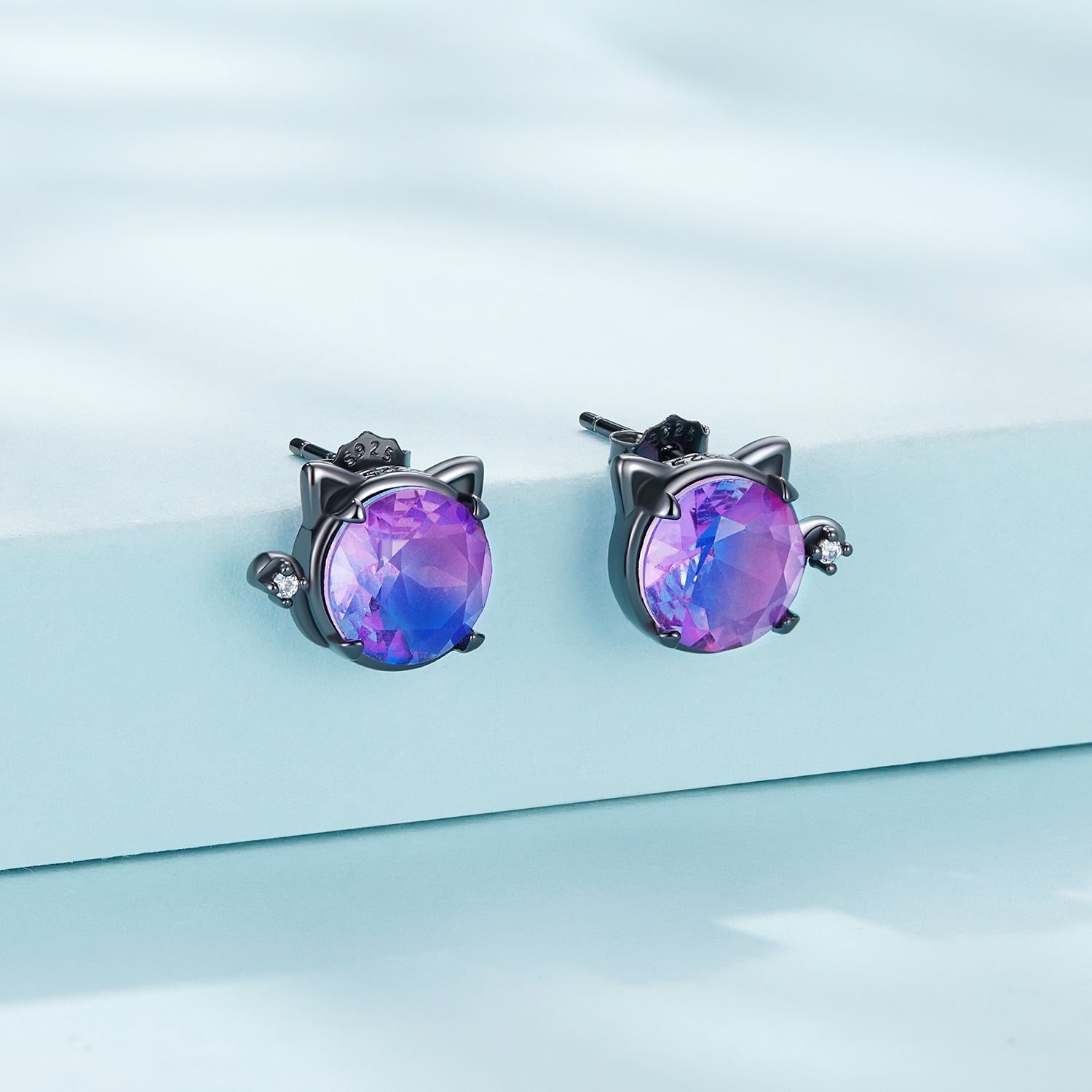 925 Sterling Silver Earrings with Pavé CZ and Transparent Glass in Black Gold, 1.0*1.2cm, for Women