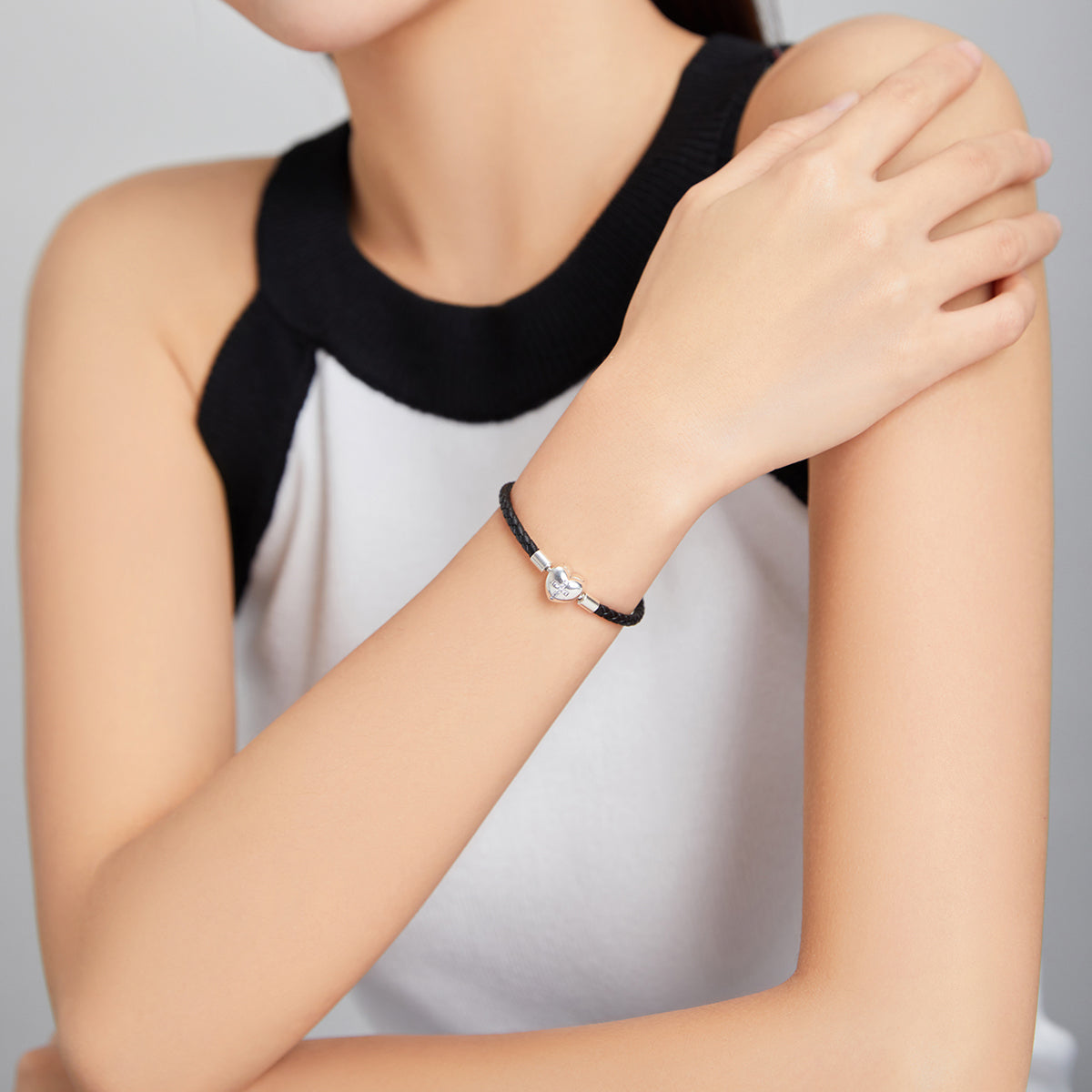 925 Sterling Silver Leather 17cm Bracelet with Oxidized CZ for Women