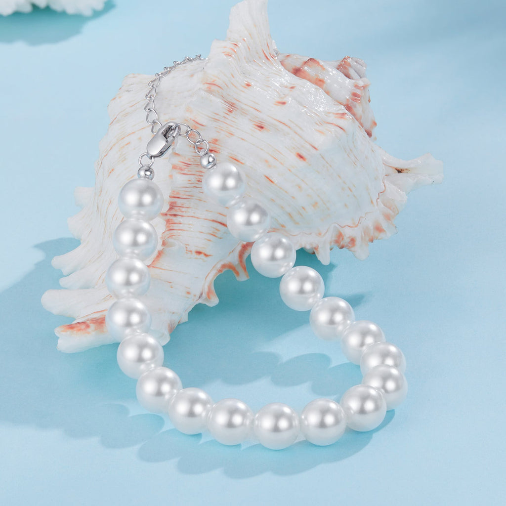 925 Sterling Silver Adjustable White Gold Plated Bracelet with Synthetic Pearl for Women
