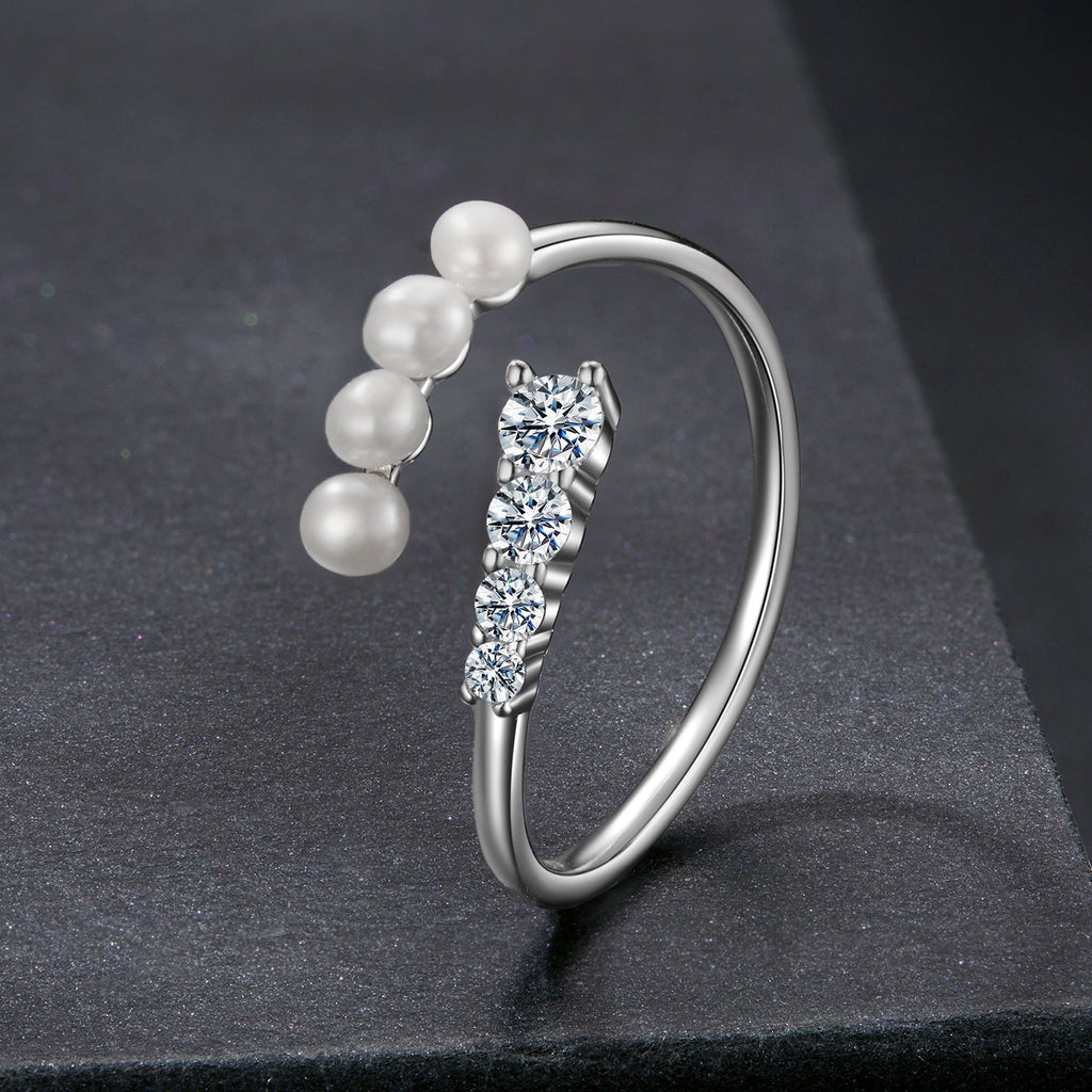925 Sterling Silver Moissanite & Freshwater Pearl Ring, White Gold Plated, Size E for Women