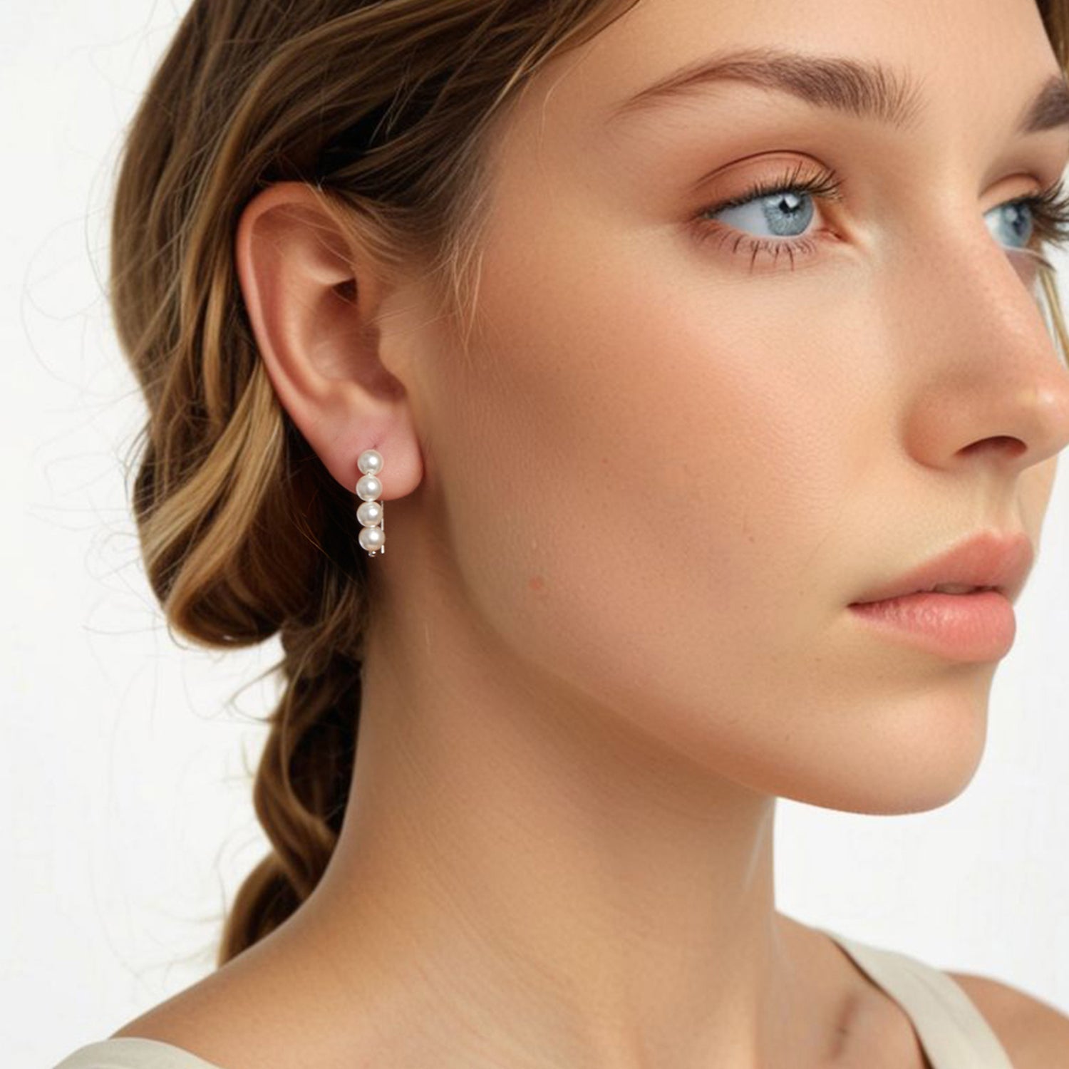 925 Sterling Silver White Gold Plated Earrings with Quality Shell Pearl, 2.1*0.5cm for Women