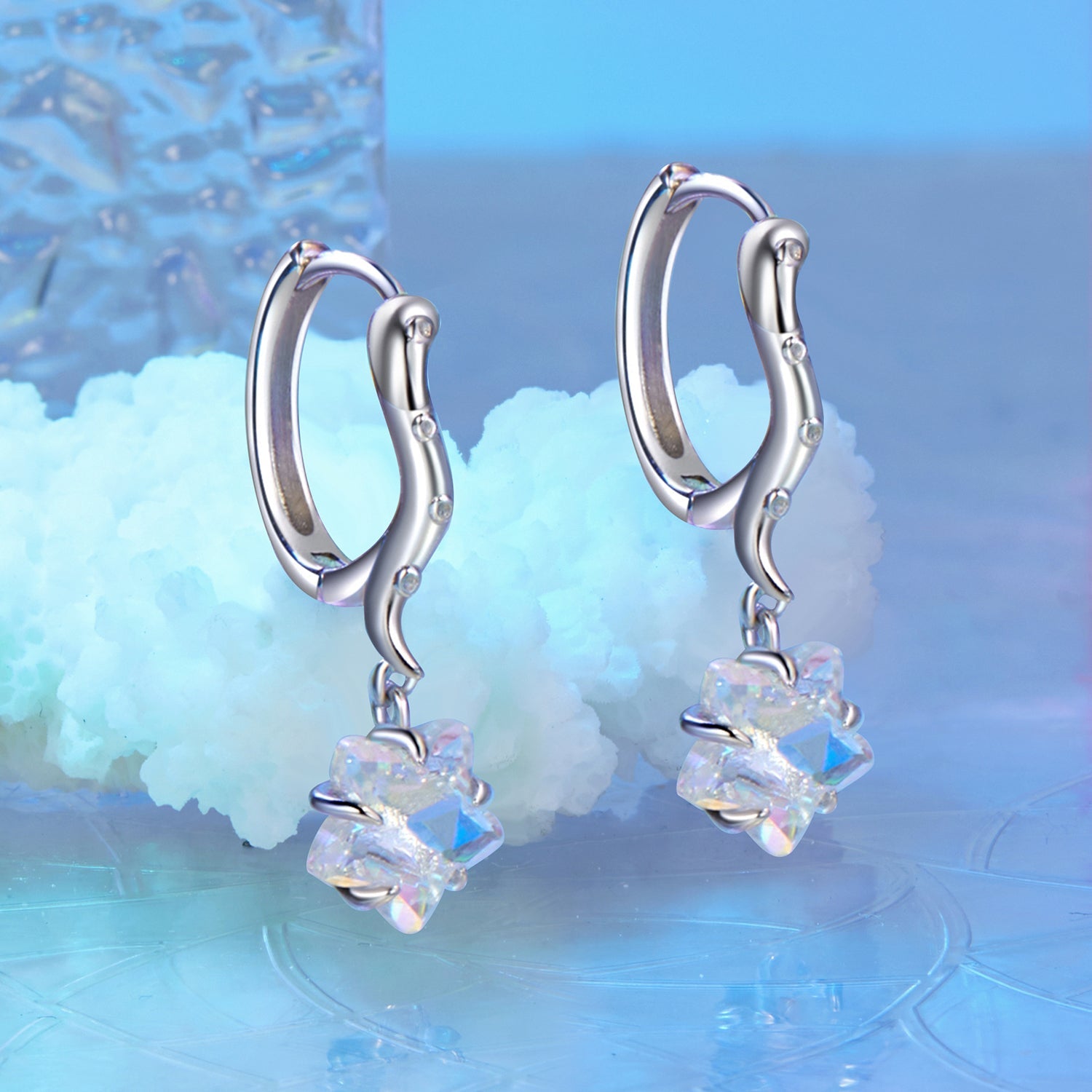 925 Sterling Silver Earrings with Transparent Glass and White Gold Plating for Women