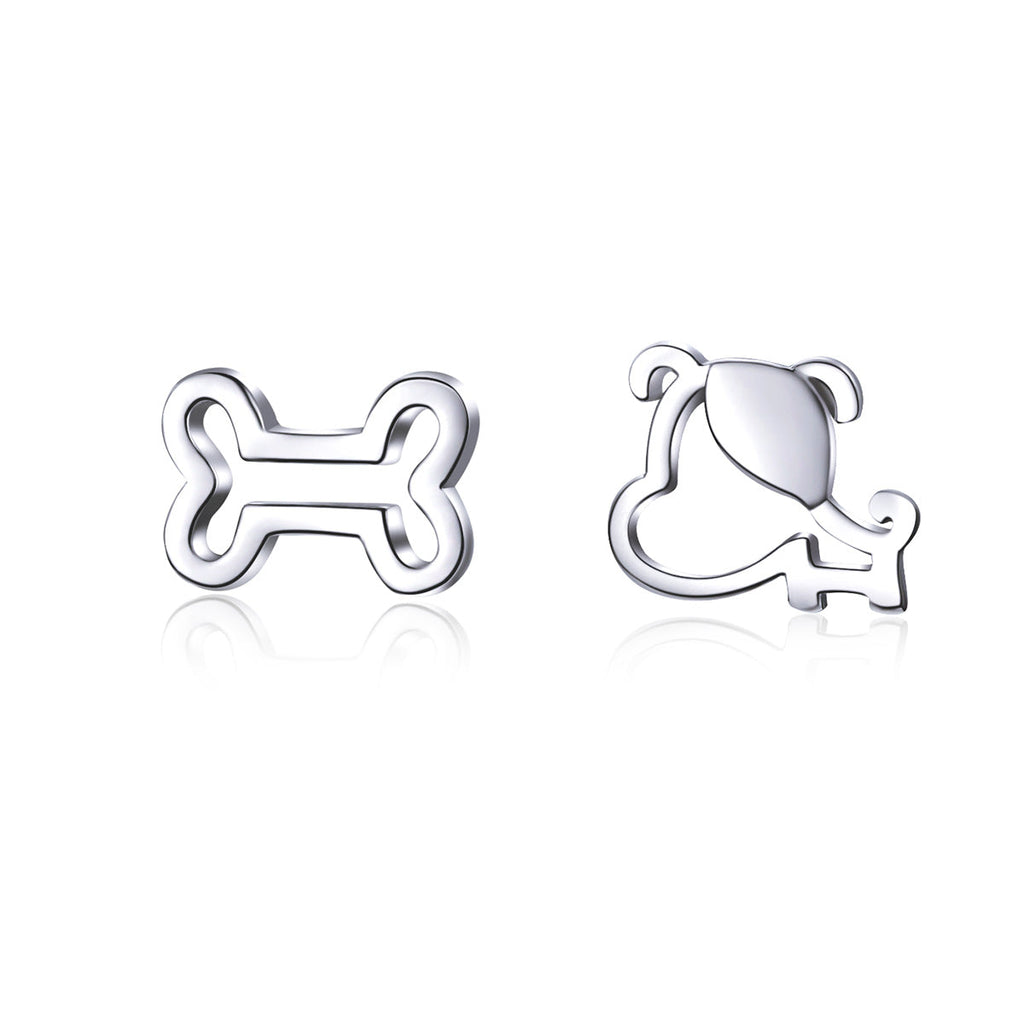 925 Sterling Silver Earrings for Women, 0.5-0.6cm, Bone and Dog Design, Platinum Plated