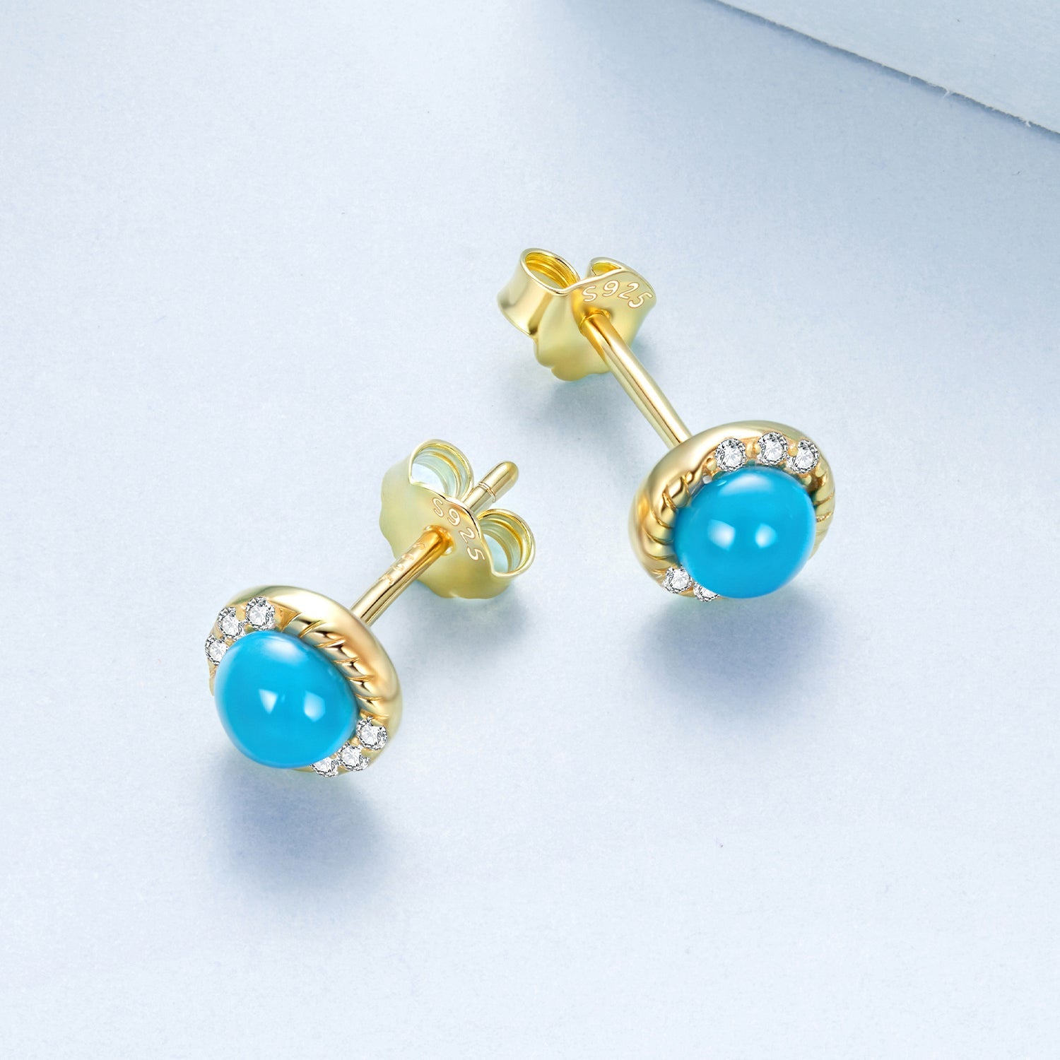 925 Sterling Silver Earrings with Synthetic Turquoise and CZ in Gold Plating