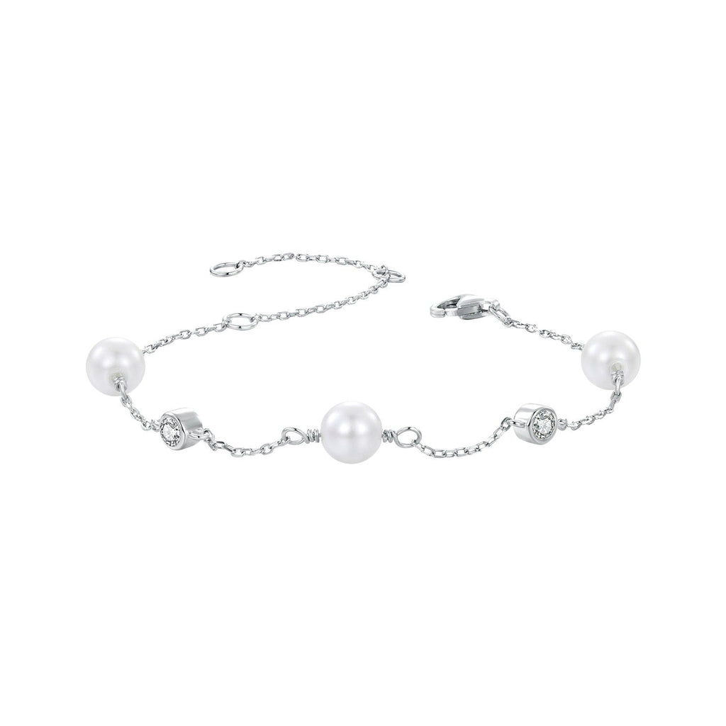 925 Sterling Silver 3mm Moissanite & Shell Pearl Bracelet for Women
