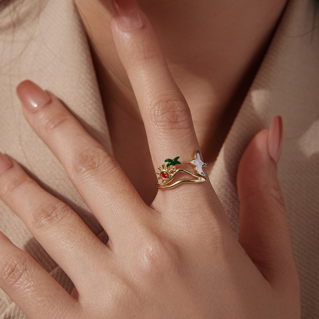925 Sterling Silver Enamel Pavé Setting CZ Gold Plated Ring for Women