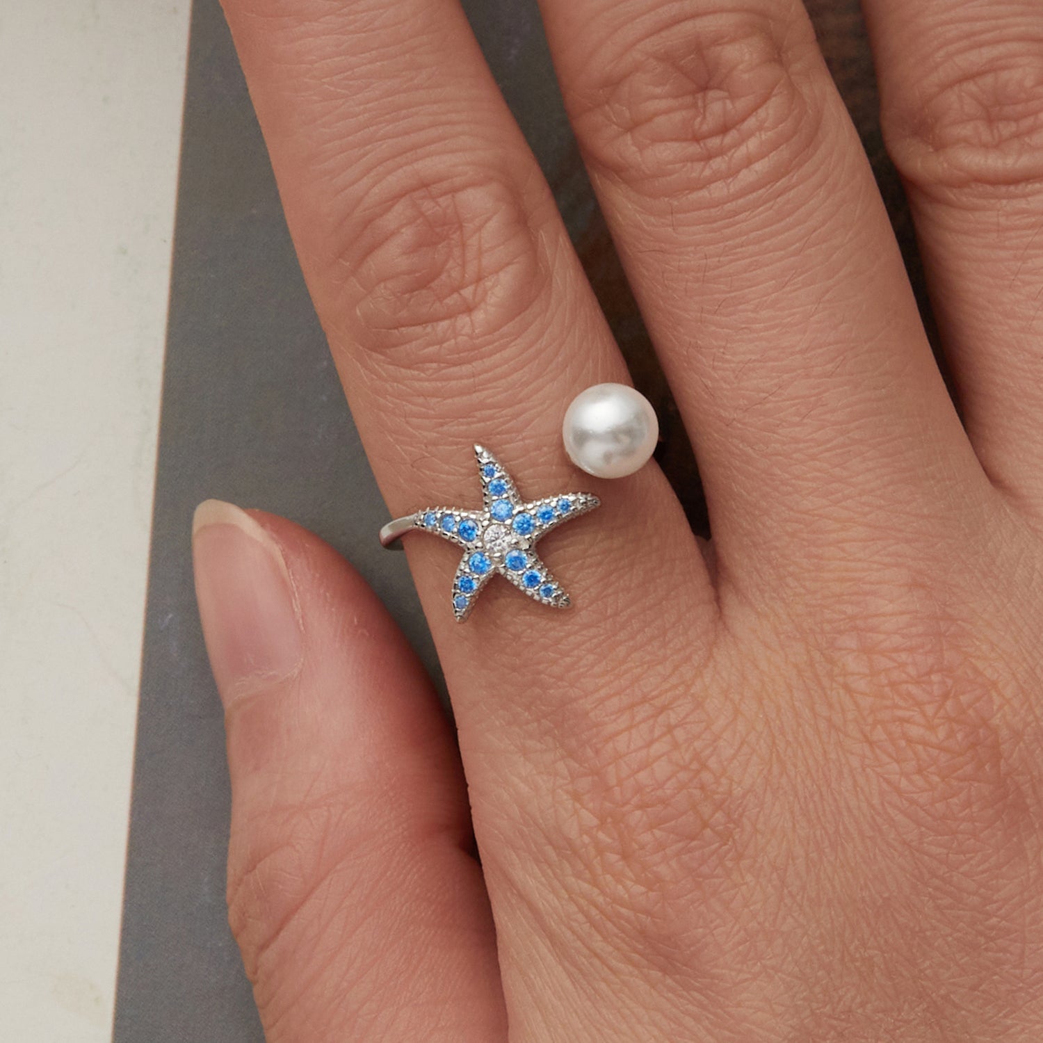 925 Sterling Silver White Gold Plated Quality Shell Pearl Starfish Ring for Women
