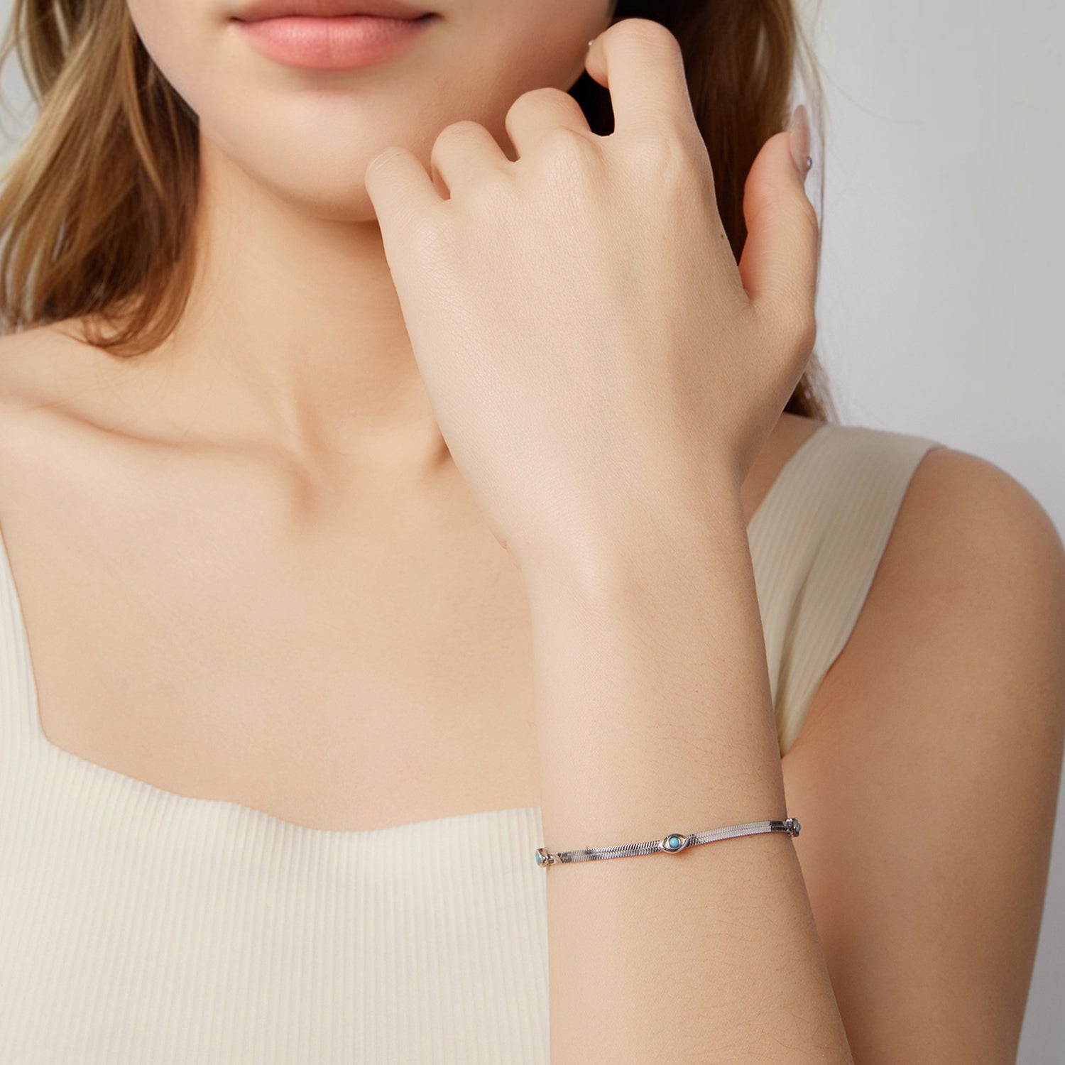 925 Sterling Silver White Gold Plated Multi-Layer Bracelet with Synthetic Turquoise