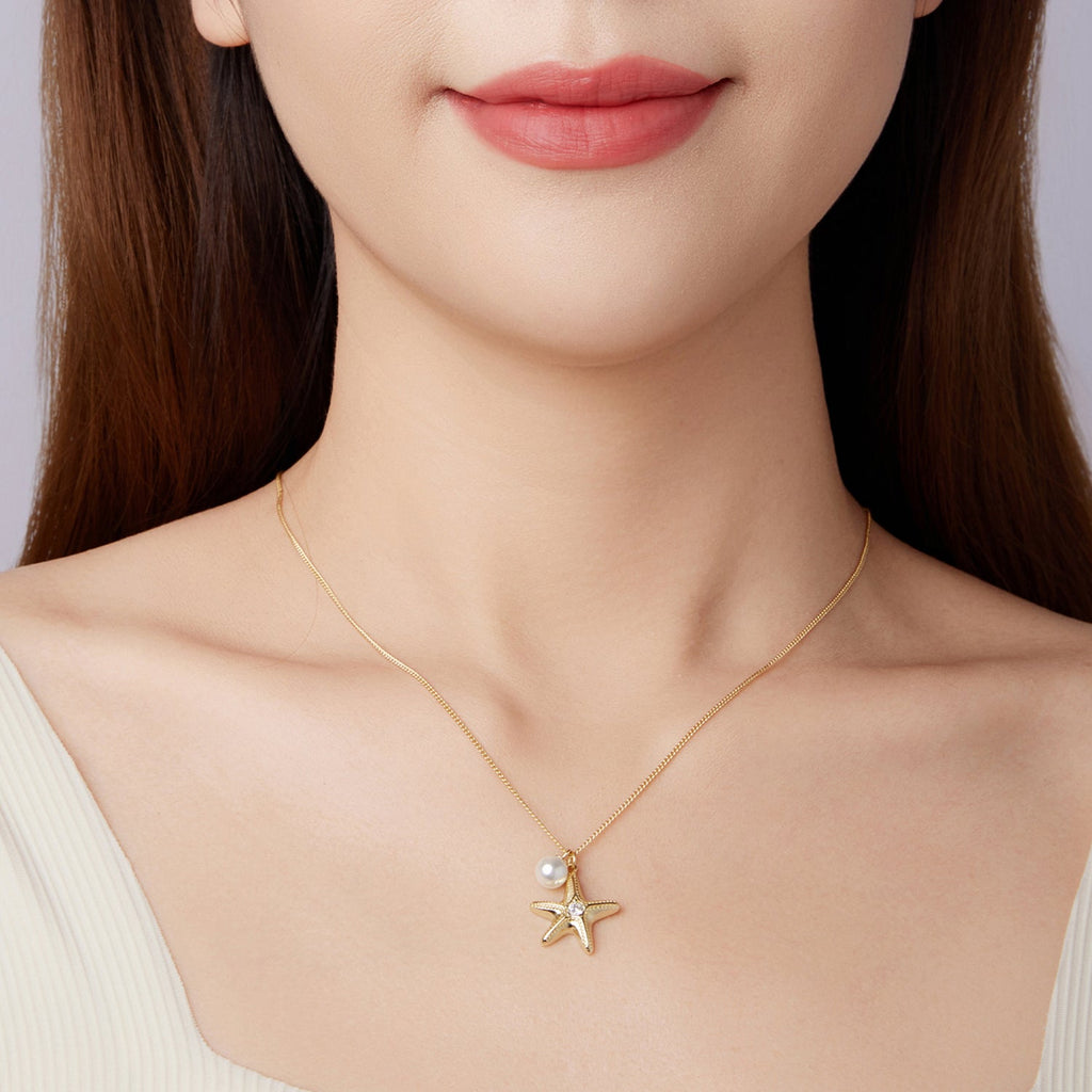 925 Sterling Silver Necklace with Gold Plating, 40+5cm, Featuring Synthetic Pearl & CZ for Women