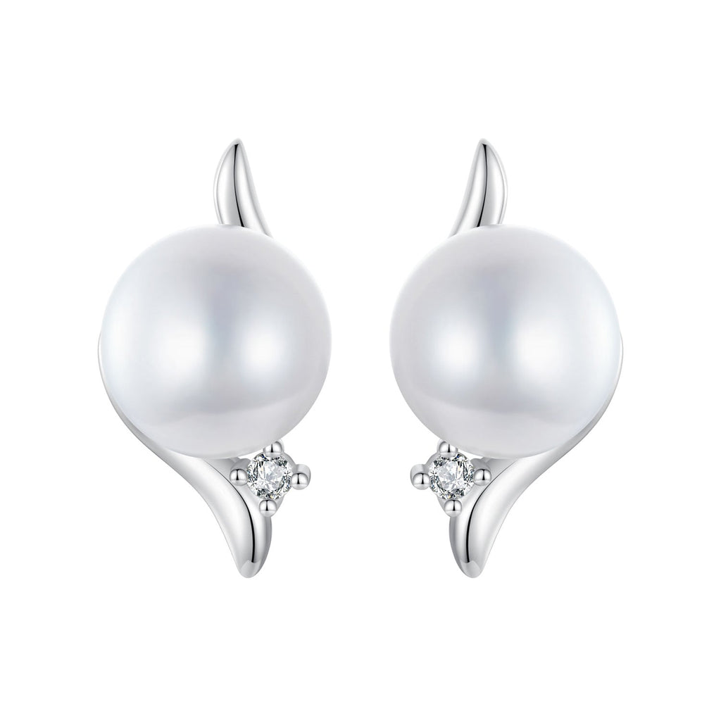 925 Sterling Silver Natural Pearl & CZ Earrings Plated in Platinum