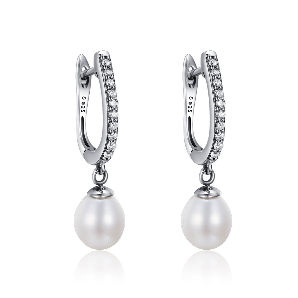 925 Sterling Silver Freshwater Pearl Earrings with Pavé Setting CZ for Women