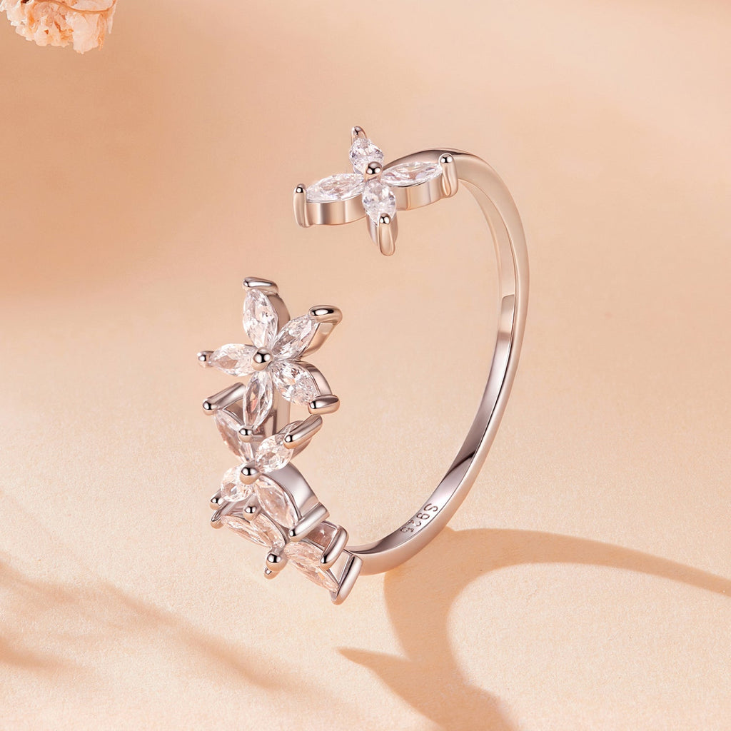 925 Sterling Silver White Gold Plated Pavé Setting CZ Flower Ring for Women
