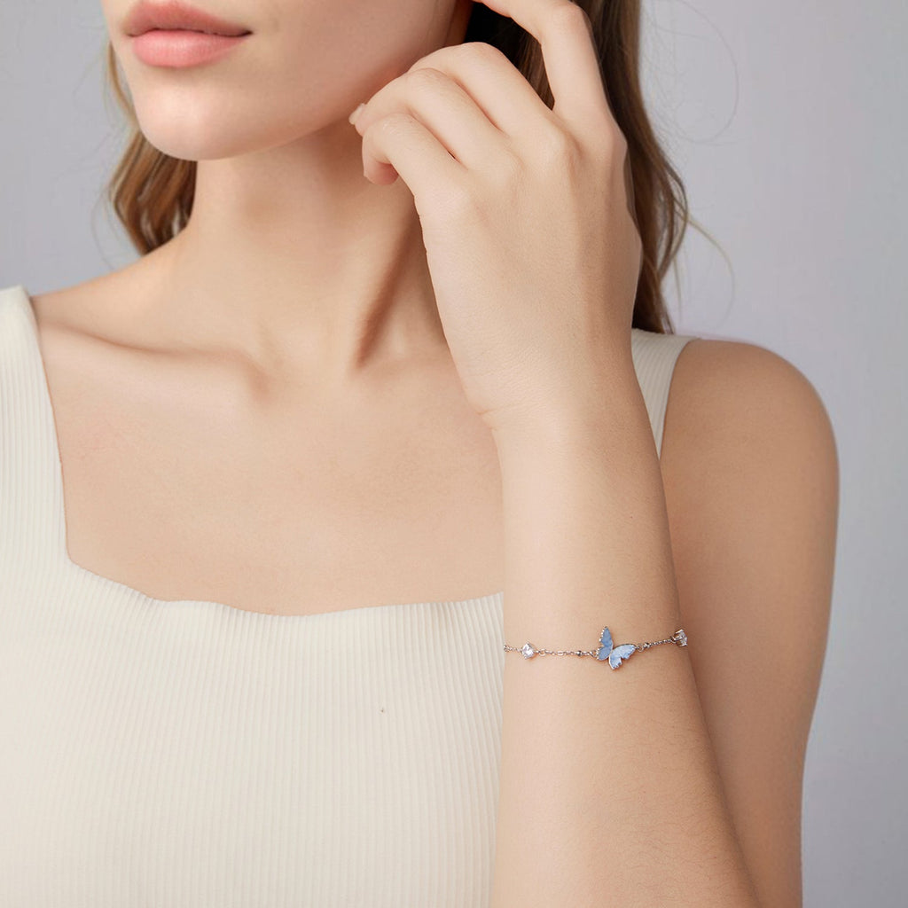 925 Sterling Silver White Gold Plated Bracelet with Enamel and CZ - 15+6cm Length