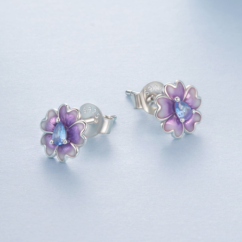925 Sterling Silver Earrings with Pavé CZ and Enamel Process, 0.8cm, White Gold Plated for Women