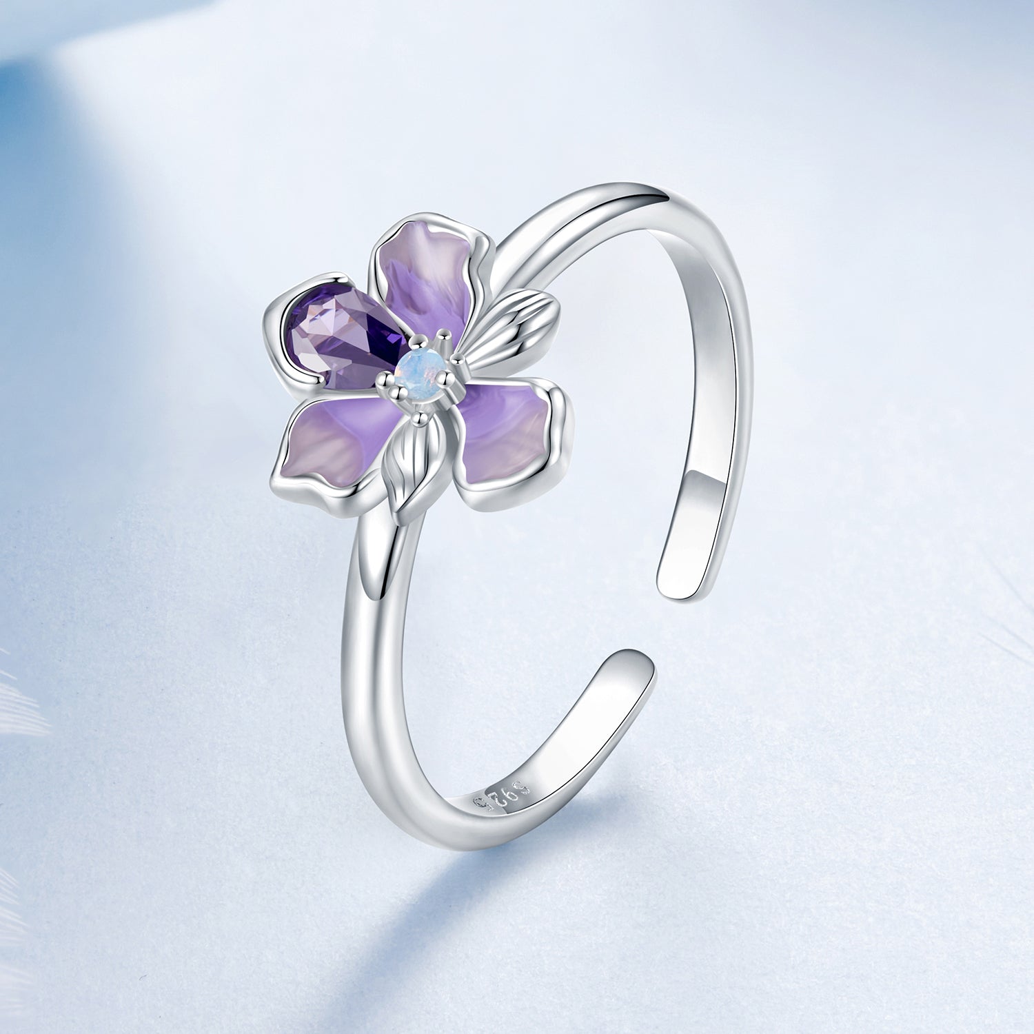 925 Sterling Silver Pavé Set CZ Enamel White Gold Plated Nano Opal Pendant Ring