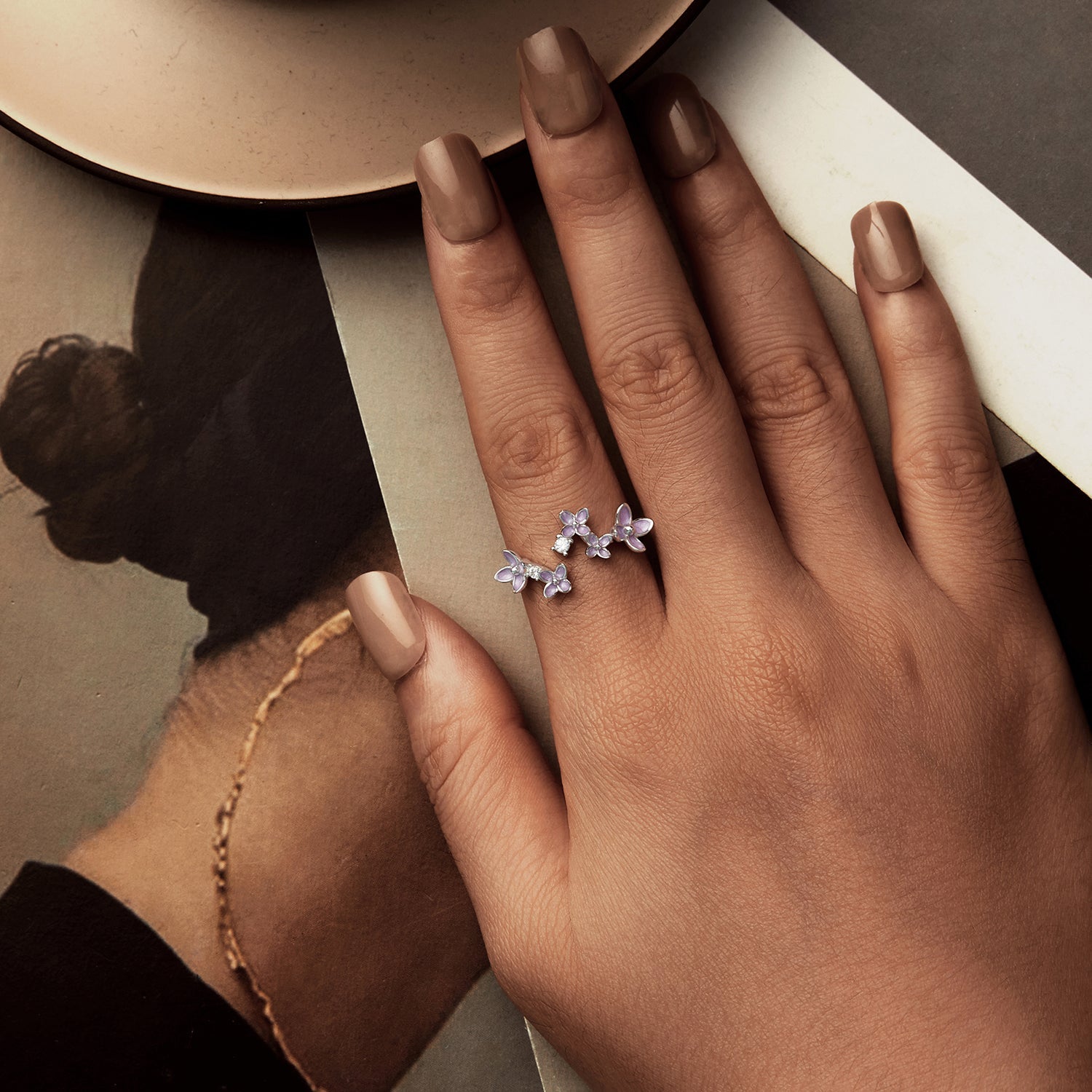 925 Sterling Silver White Gold Plated Ring with Enamel and CZ for Women
