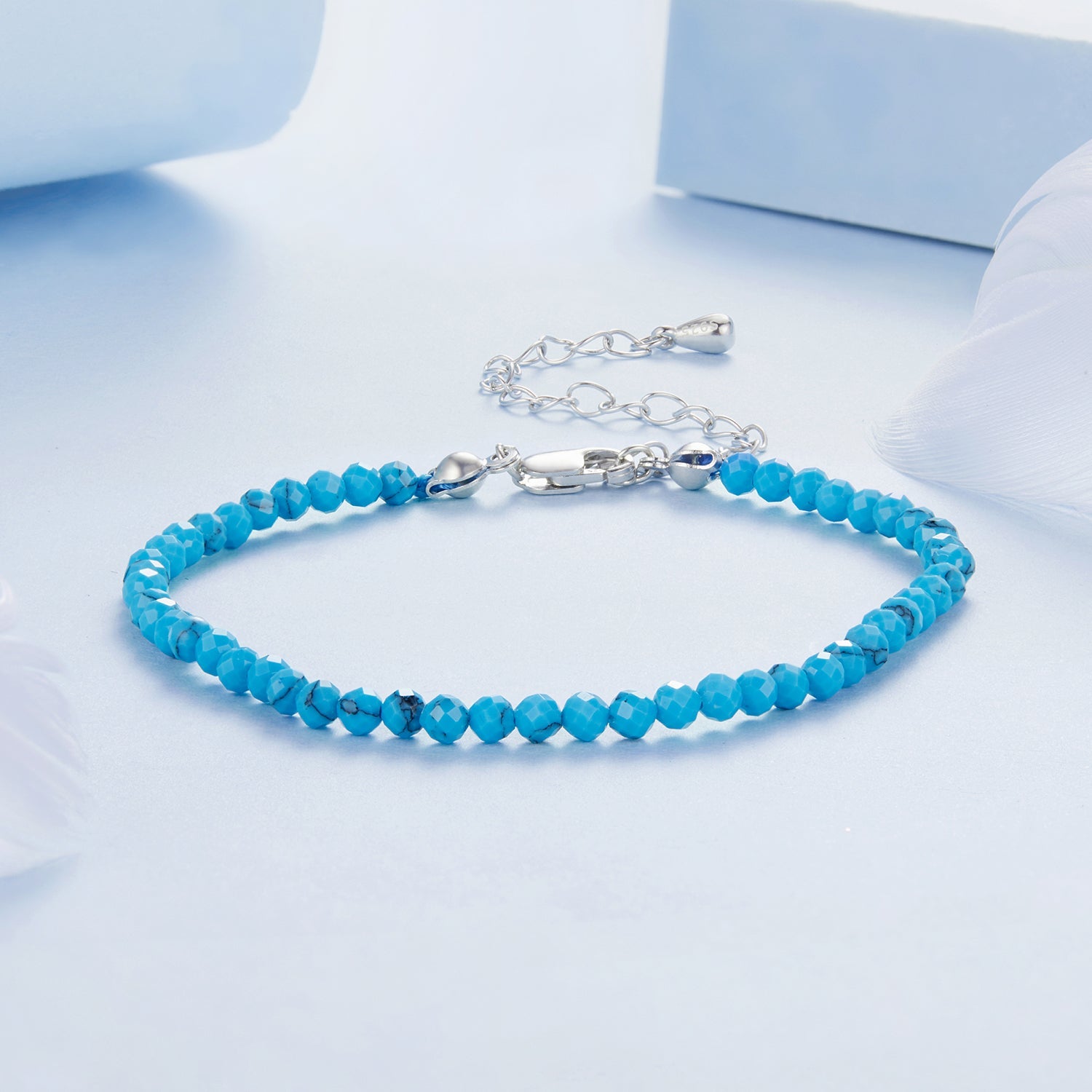 925 Sterling Silver Synthetic Turquoise Bracelet with White Gold Plating for Women