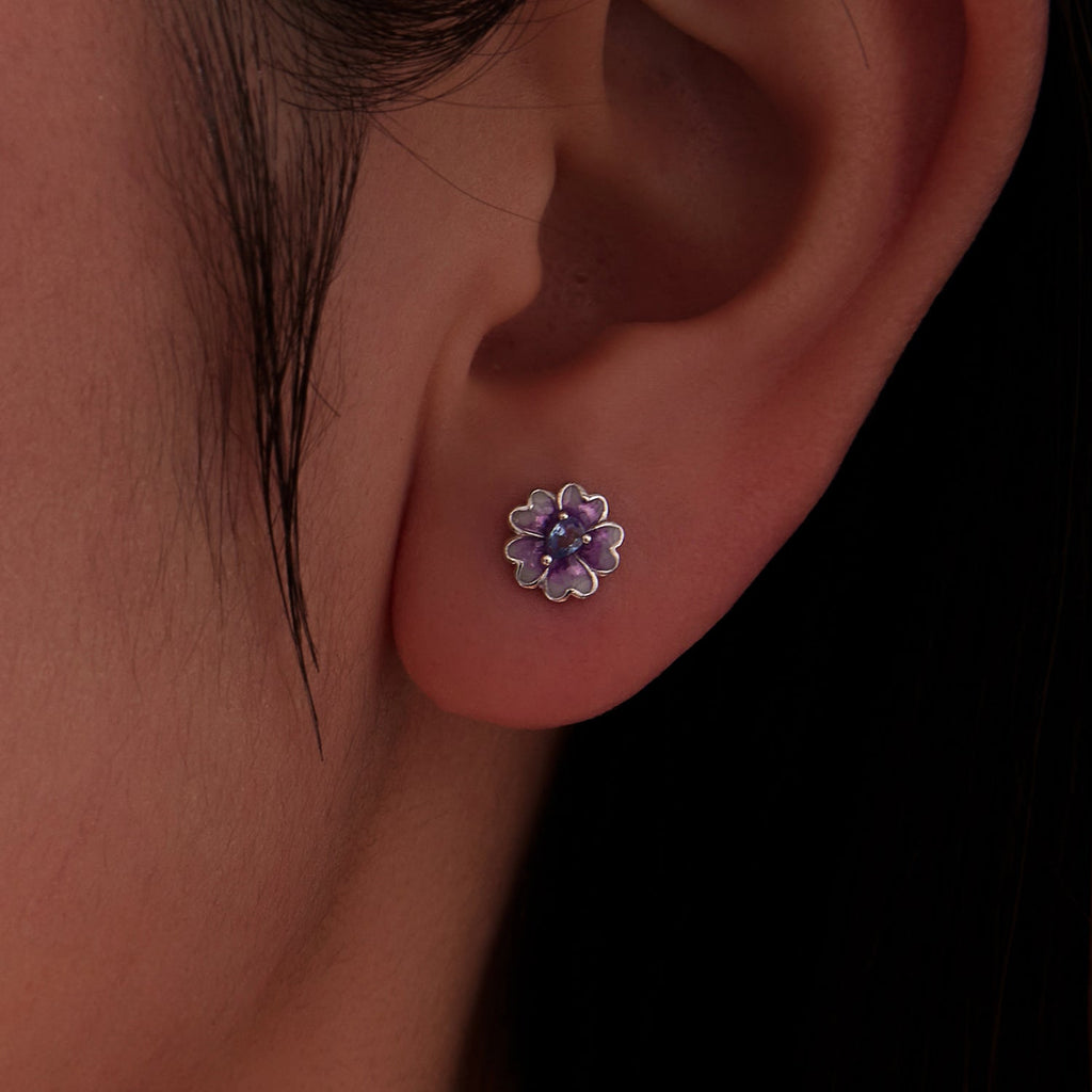 925 Sterling Silver Earrings with Pavé CZ and Enamel Process, 0.8cm, White Gold Plated for Women