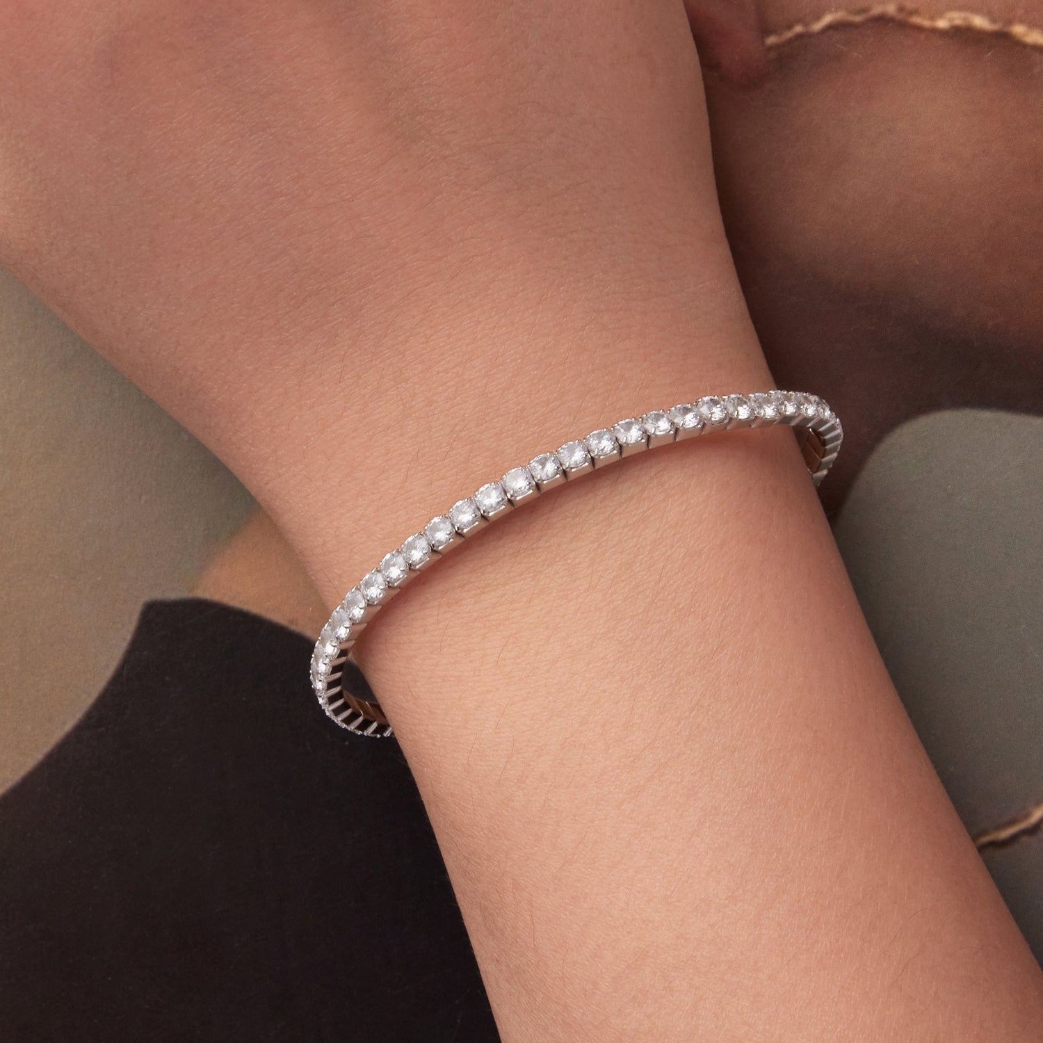 925 Sterling Silver White Gold Plated 16cm Stretchable CZ Bracelet for Women