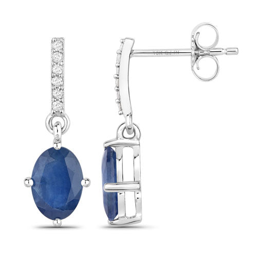 1.95 Carat Genuine Blue Sapphire and White Diamond 10K White Gold Earrings