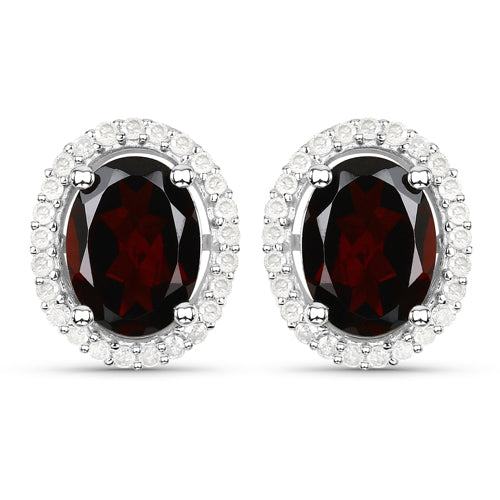 2.77 Carat Genuine Garnet and White Diamond .925 Sterling Silver Earrings