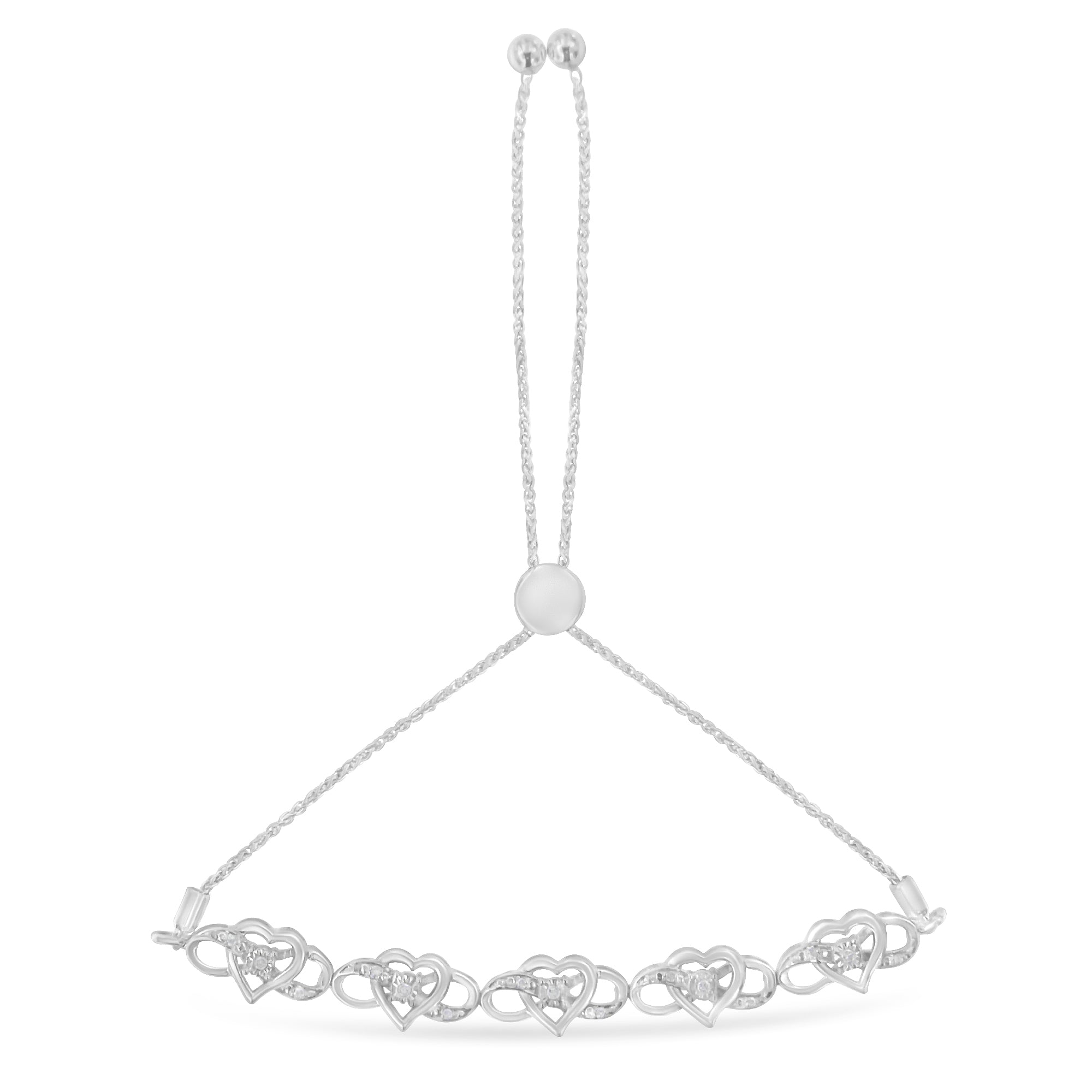 .925 Sterling Silver Miracle Set Diamond Accented Infinity Hearts 6"-9" Adjustable Bolo Bracelet (H-I Color, I2-I3 Clarity)