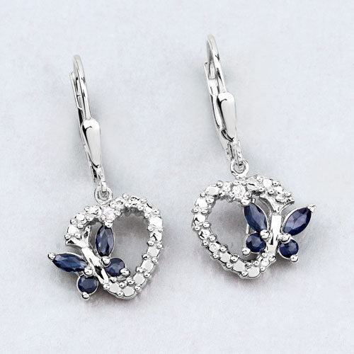 0.57 Carat Genuine Blue Sapphire and Created White Sapphire .925 Sterling Silver Earrings