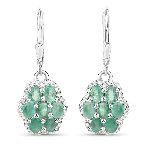 2.48 Carat Genuine Zambian Emerald and White Zircon .925 Sterling Silver Earrings